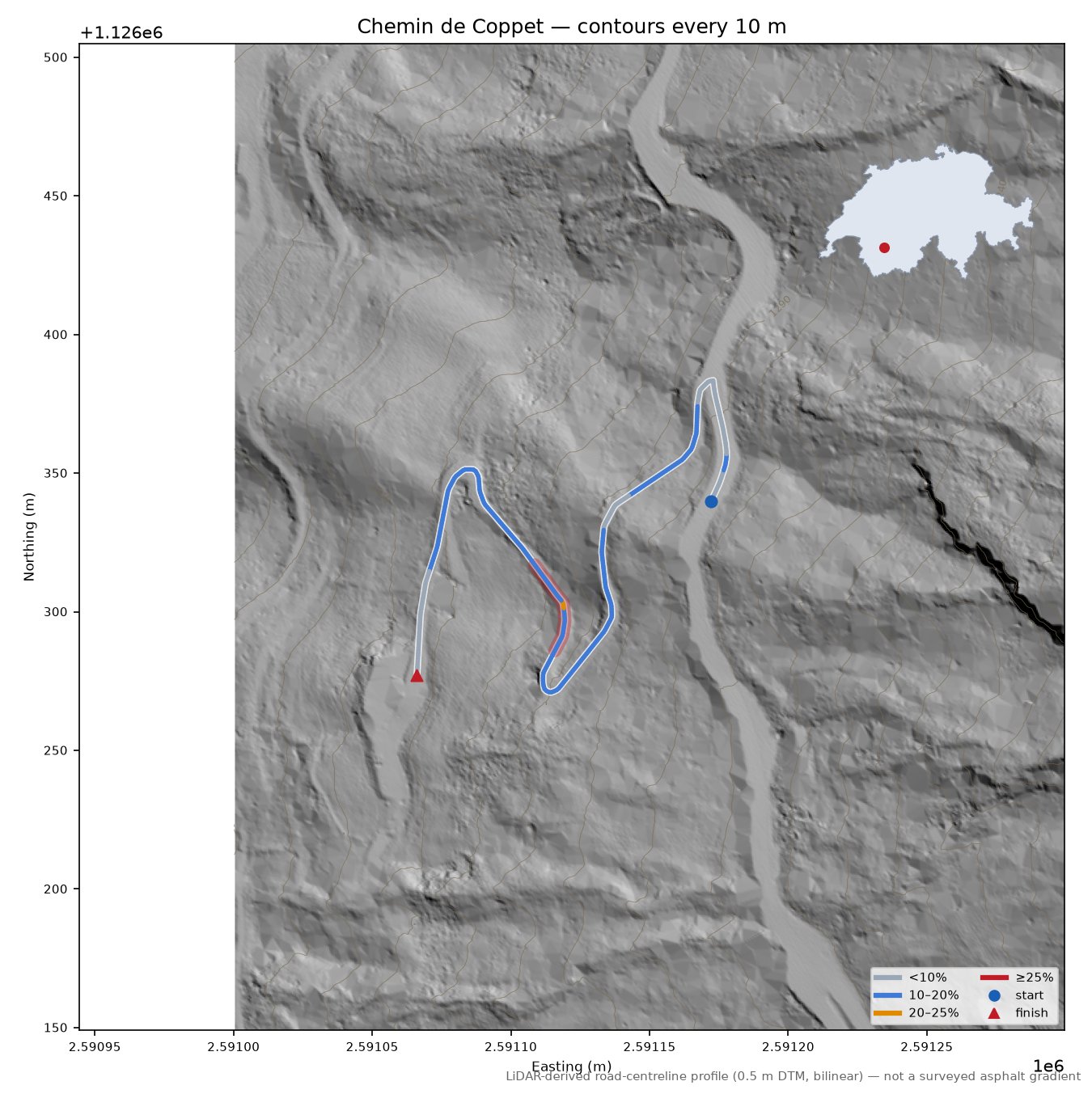 Chemin de Coppet LiDAR hillshade map with contours