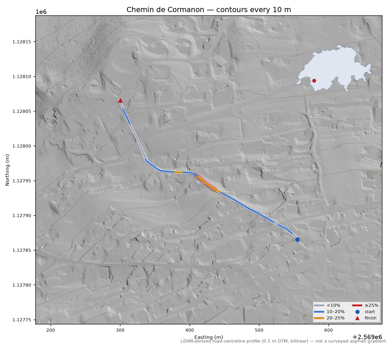 Chemin de Cormanon LiDAR hillshade map with contours