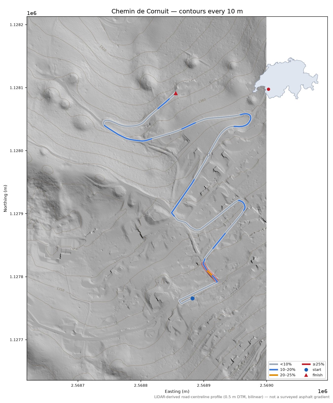 Chemin de Cornuit LiDAR hillshade map with contours
