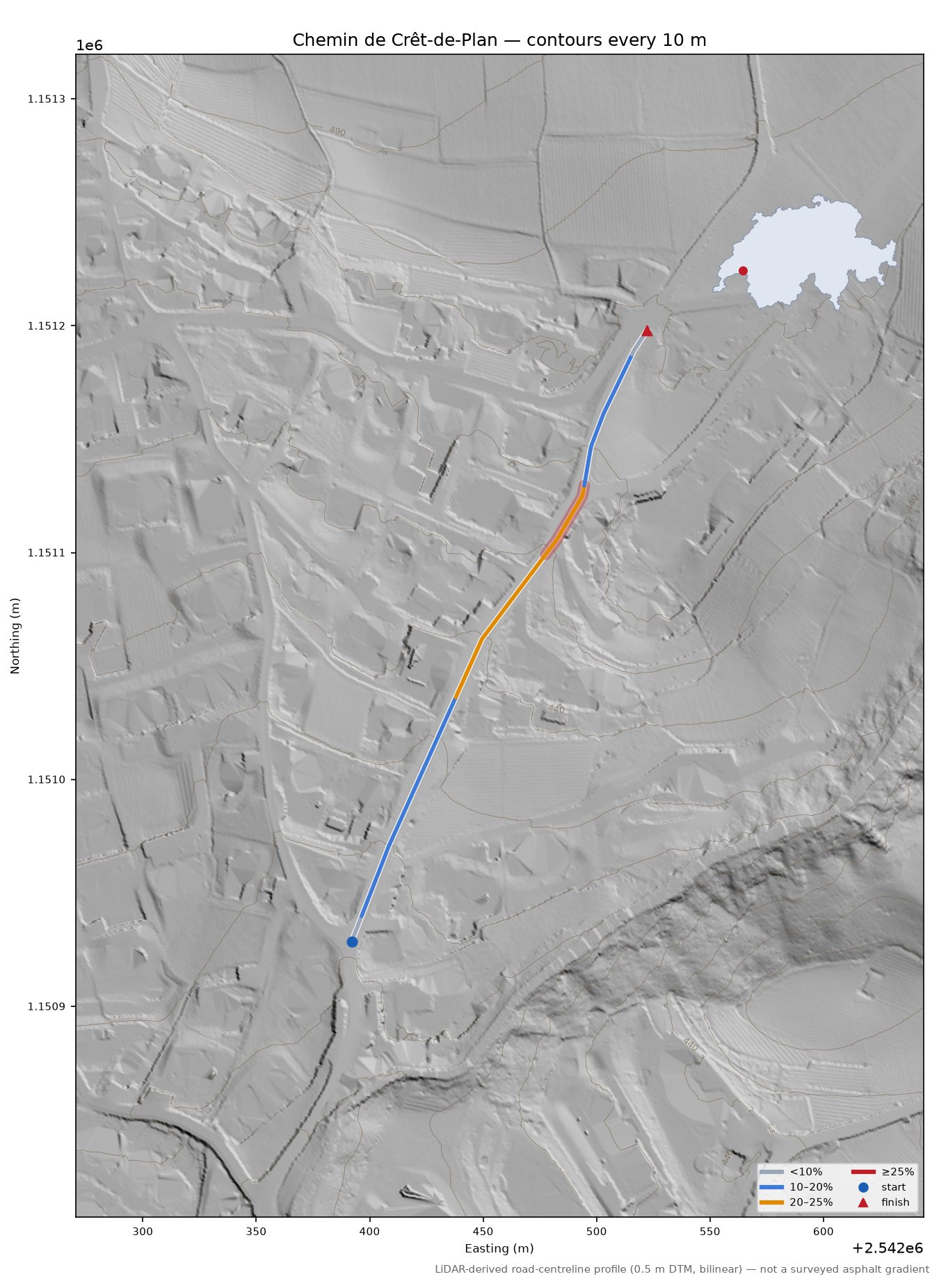 Chemin de Crêt-de-Plan LiDAR hillshade map with contours