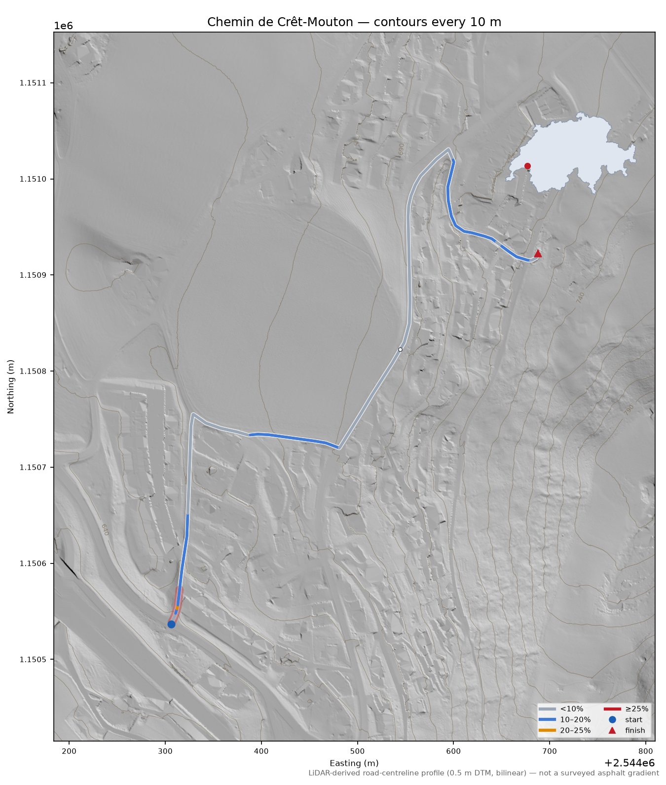 Chemin de Crêt-Mouton LiDAR hillshade map with contours