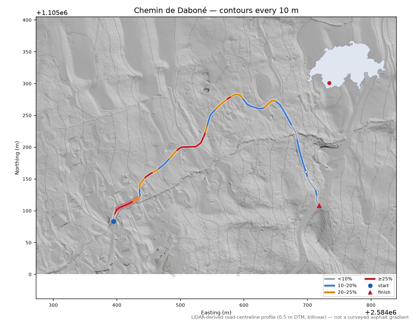 Chemin de Daboné LiDAR hillshade map with contours