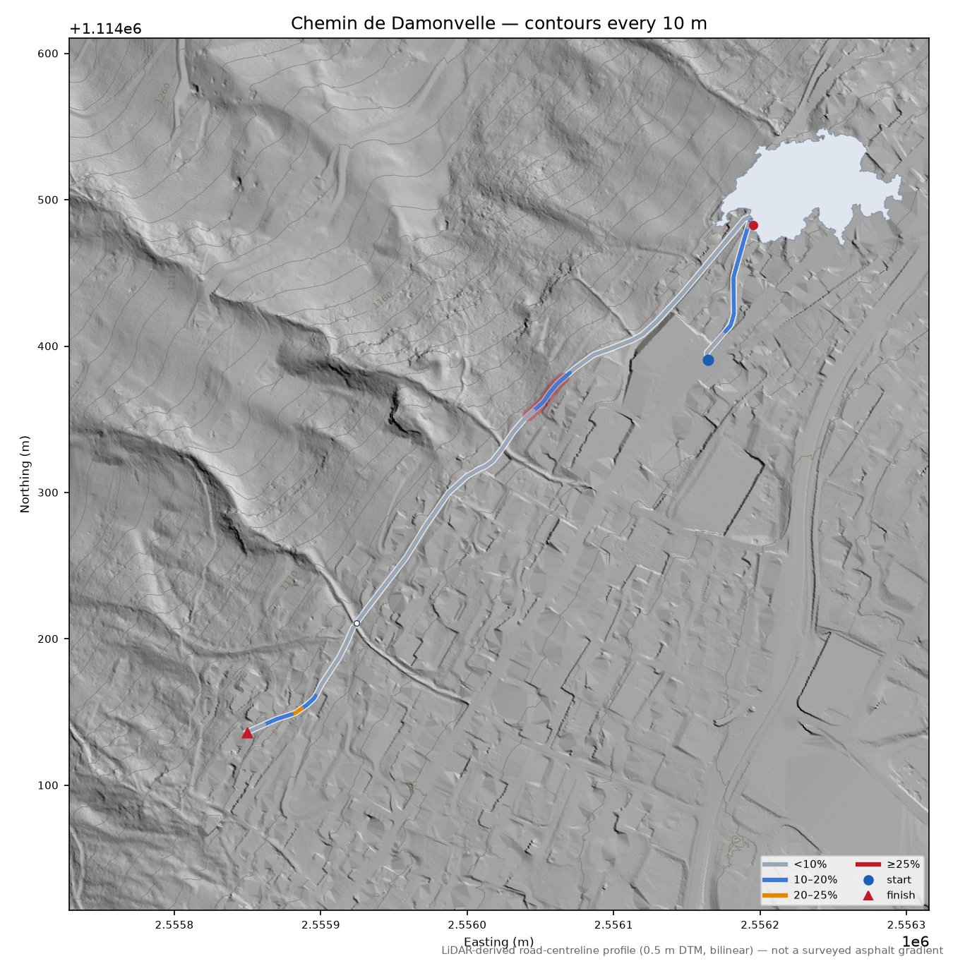 Chemin de Damonvelle LiDAR hillshade map with contours