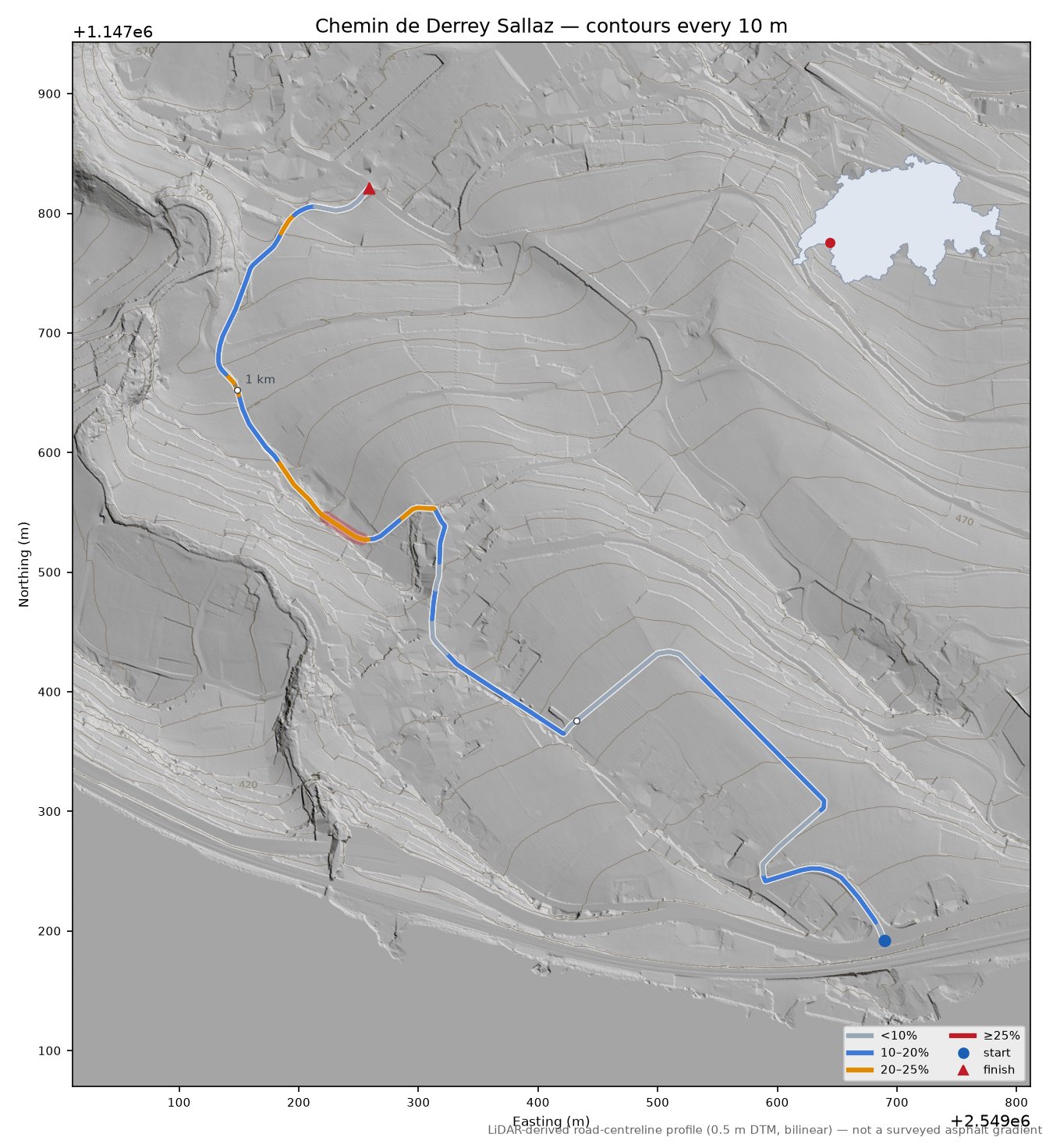 Chemin de Derrey Sallaz LiDAR hillshade map with contours