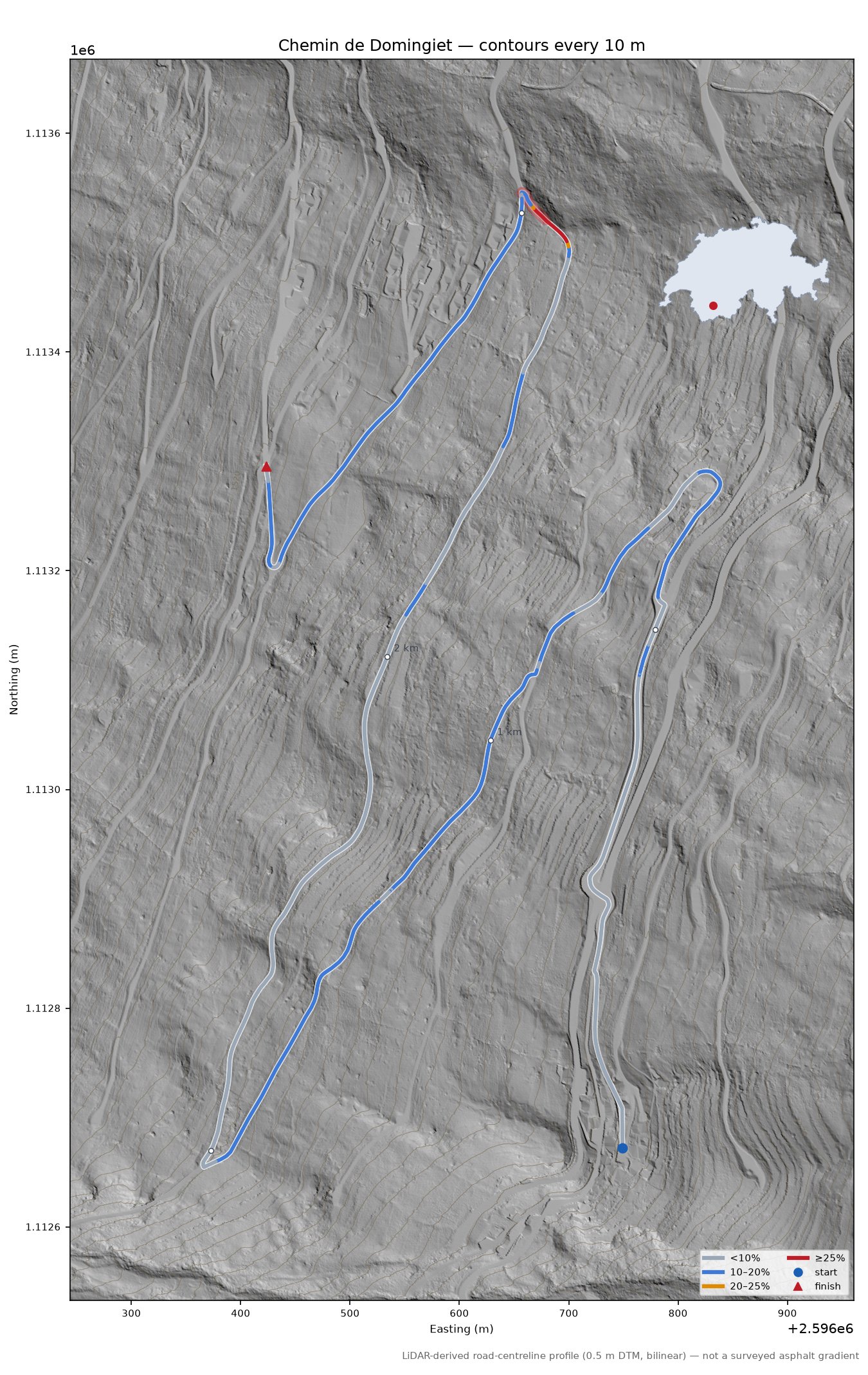 Chemin de Domingiet LiDAR hillshade map with contours