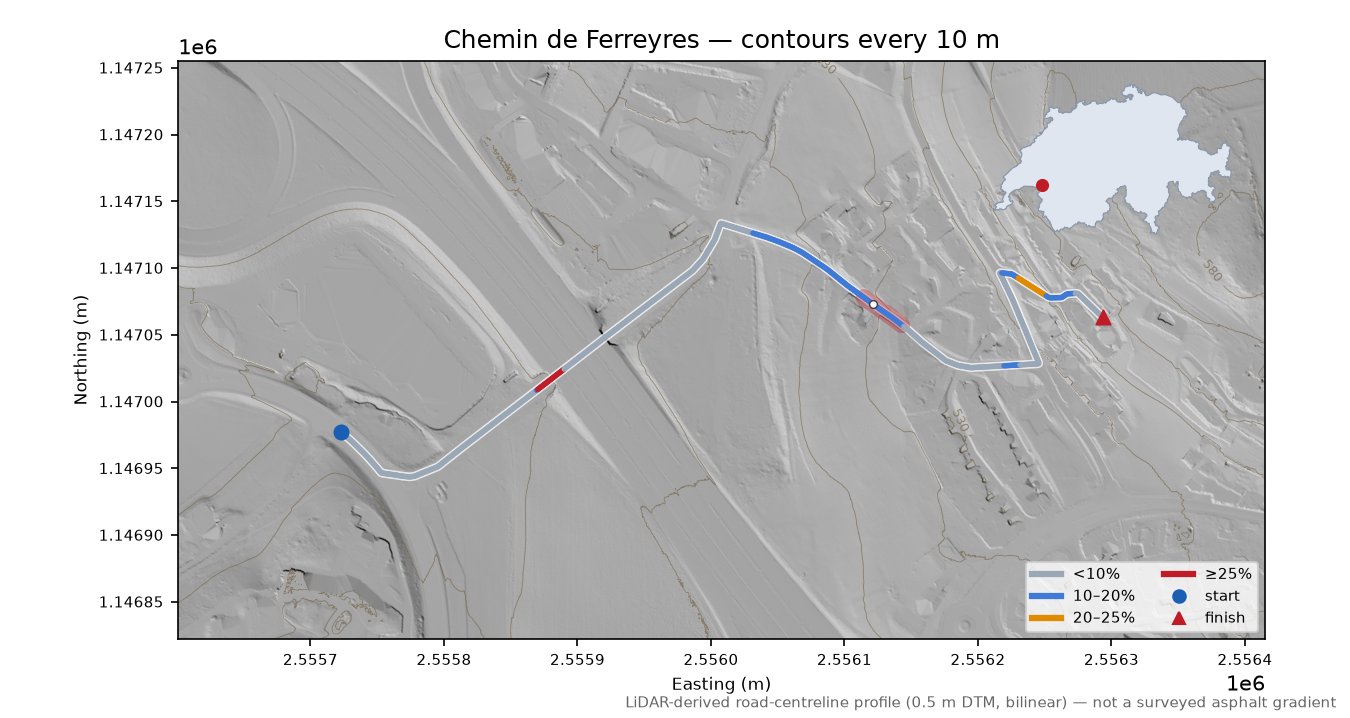 Chemin de Ferreyres LiDAR hillshade map with contours