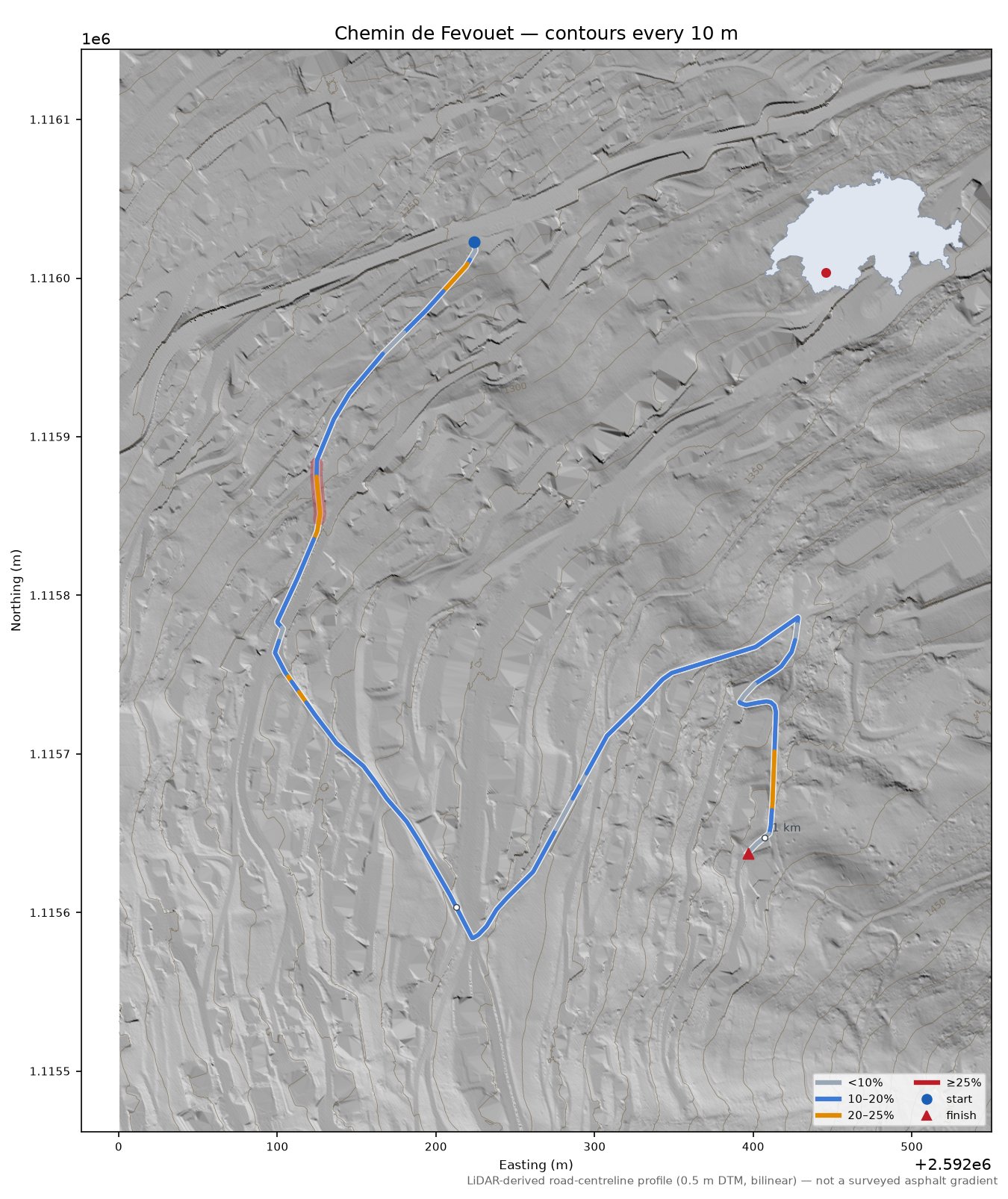 Chemin de Fevouet LiDAR hillshade map with contours