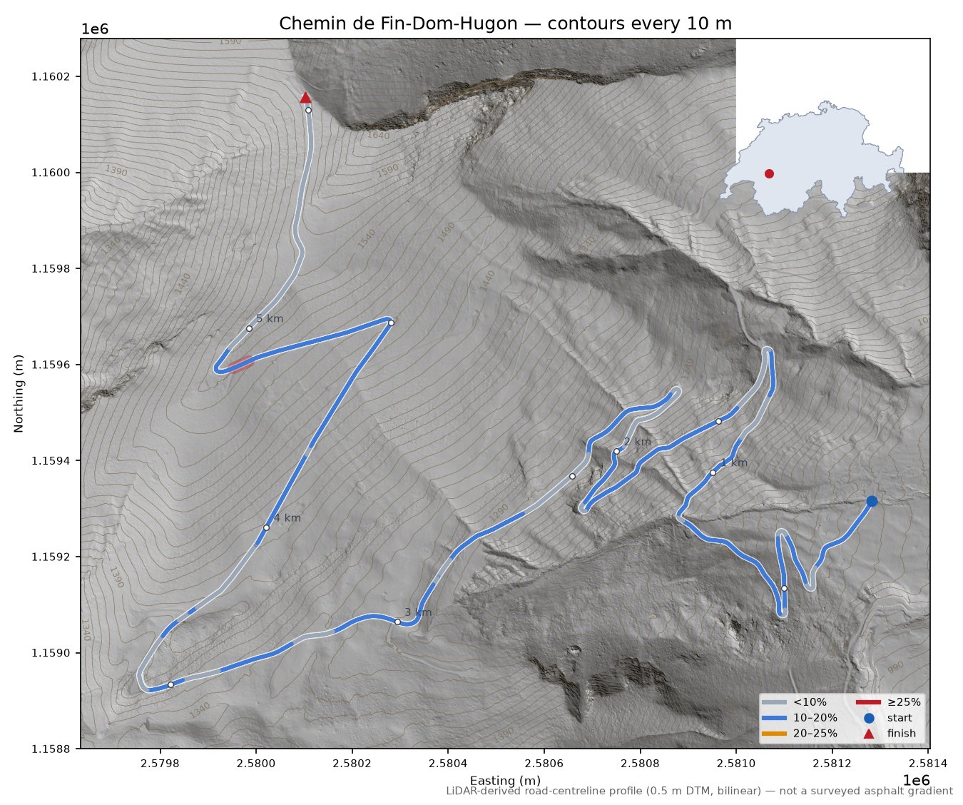 Chemin de Fin-Dom-Hugon LiDAR hillshade map with contours