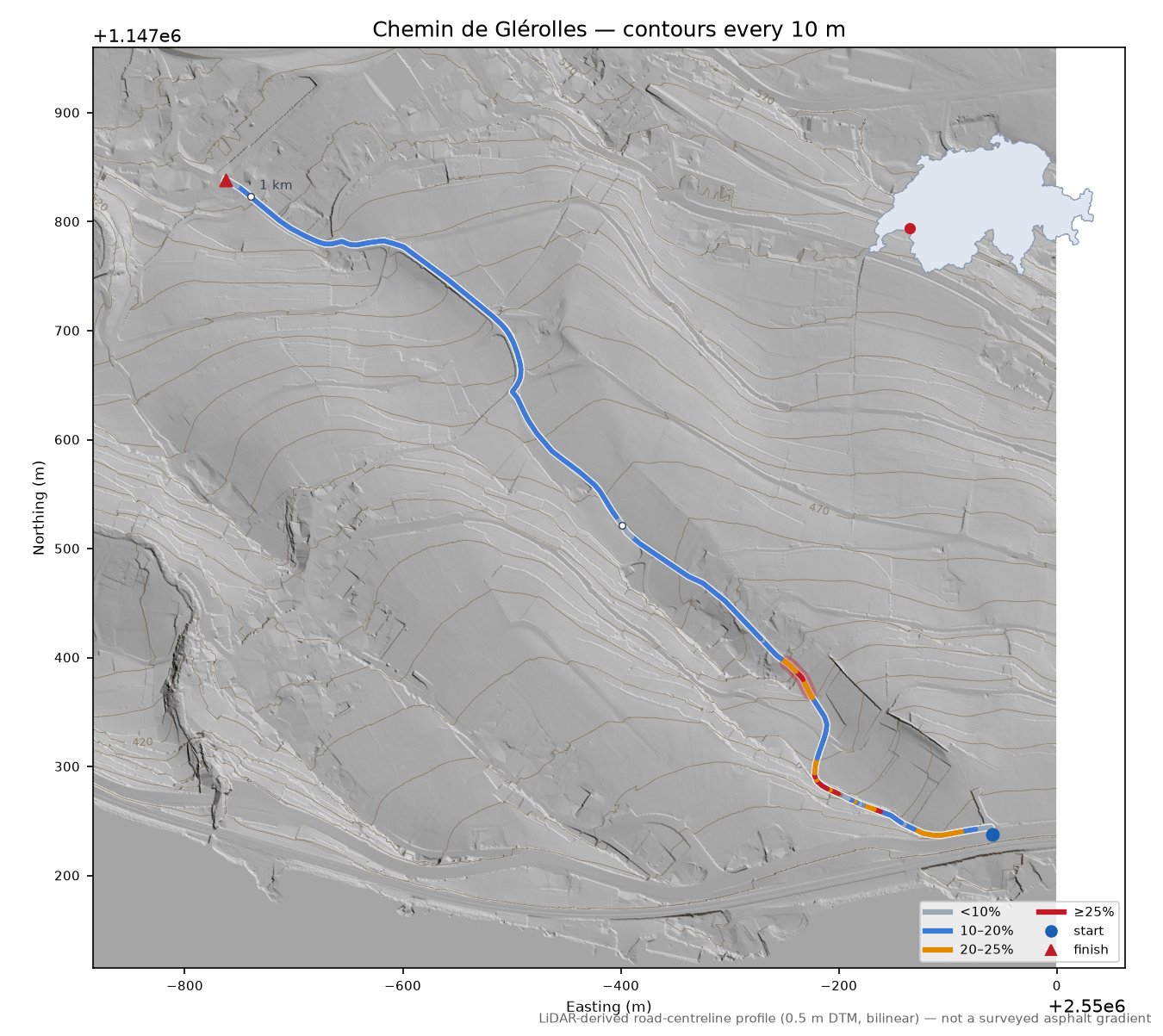 Chemin de Glérolles LiDAR hillshade map with contours