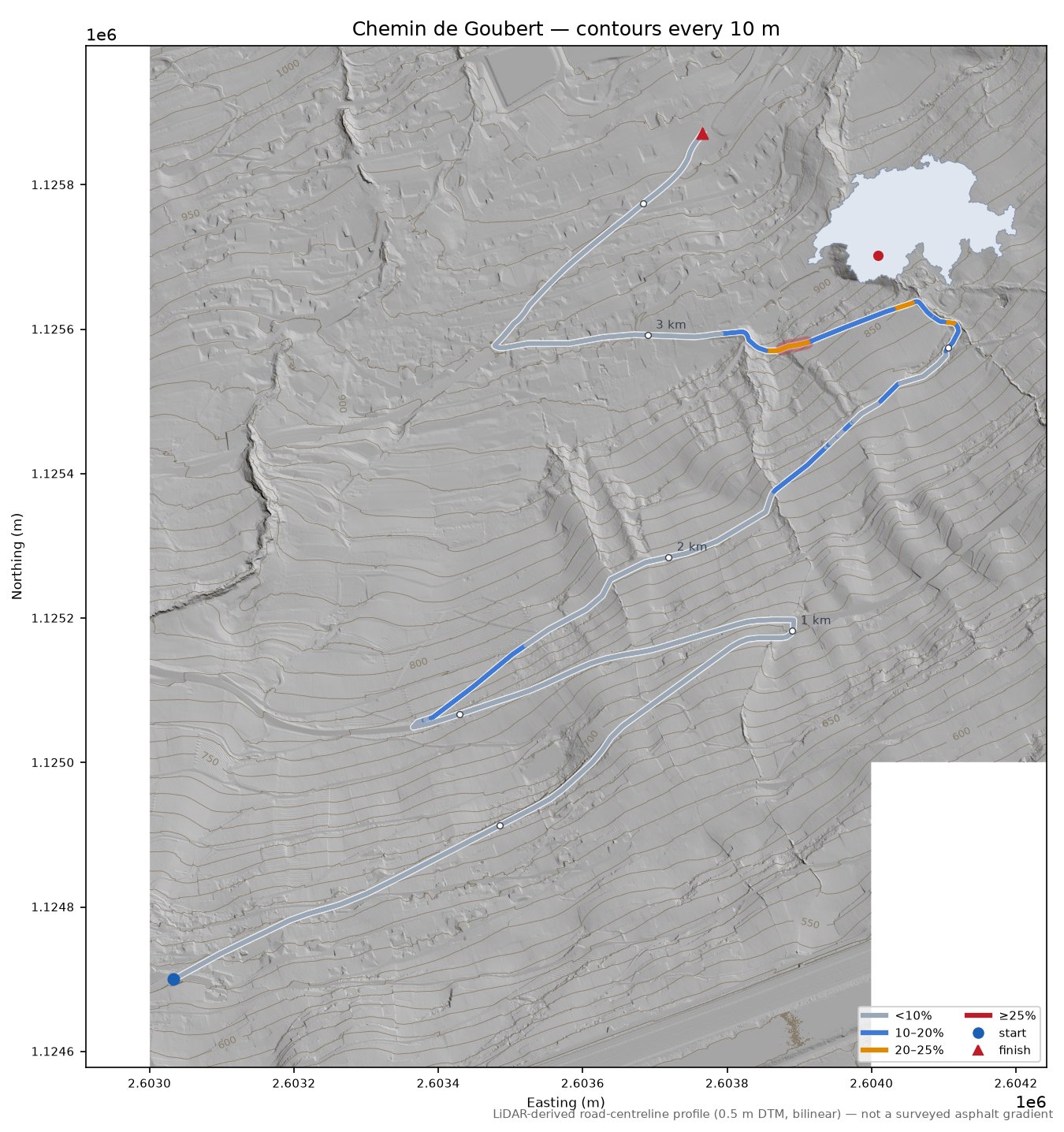 Chemin de Goubert LiDAR hillshade map with contours