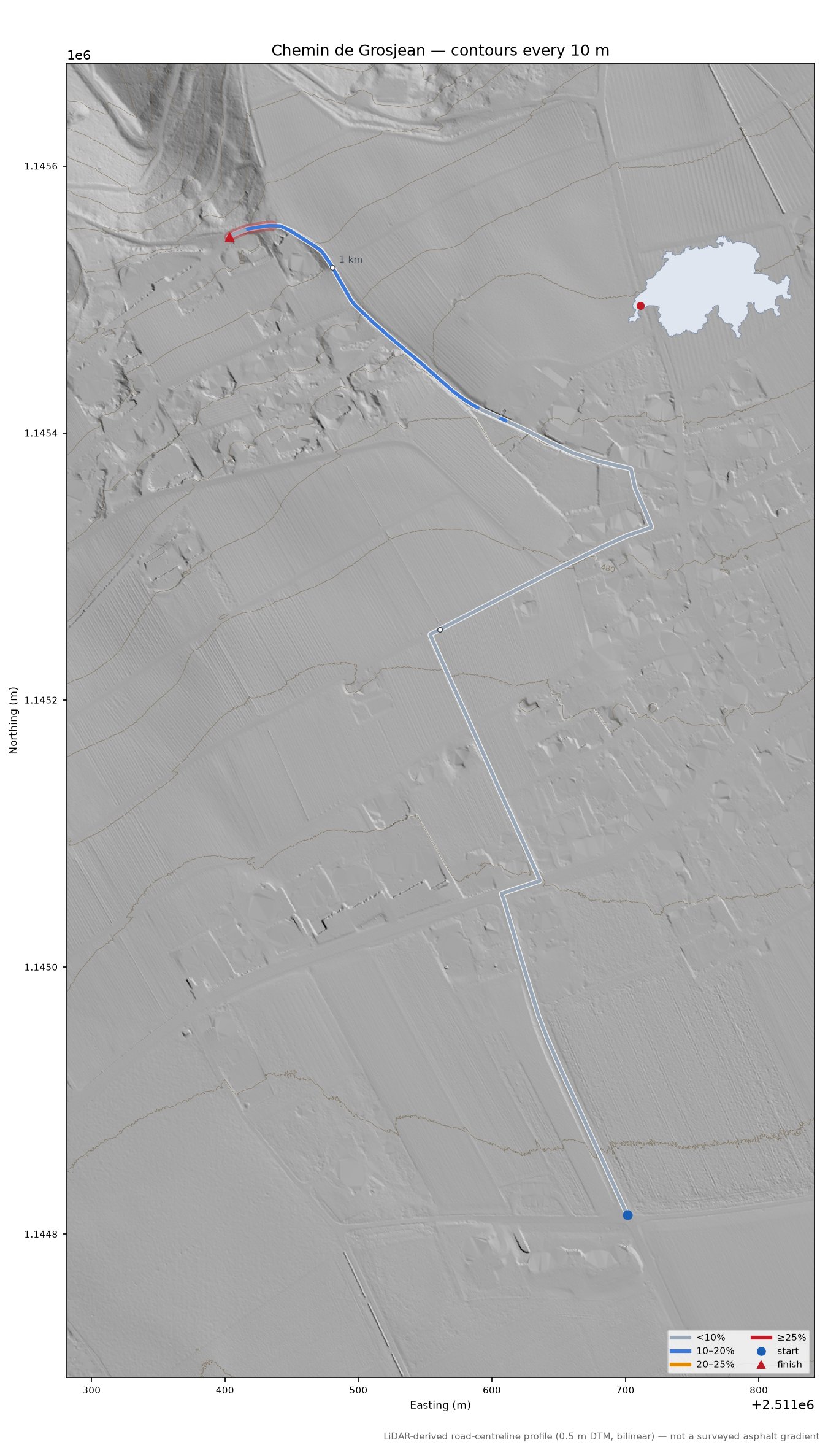 Chemin de Grosjean LiDAR hillshade map with contours