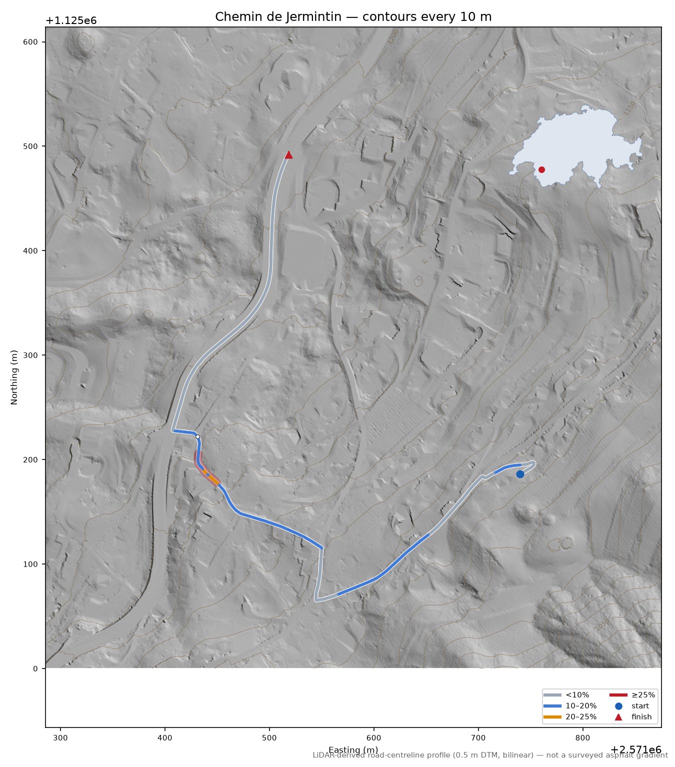 Chemin de Jermintin LiDAR hillshade map with contours