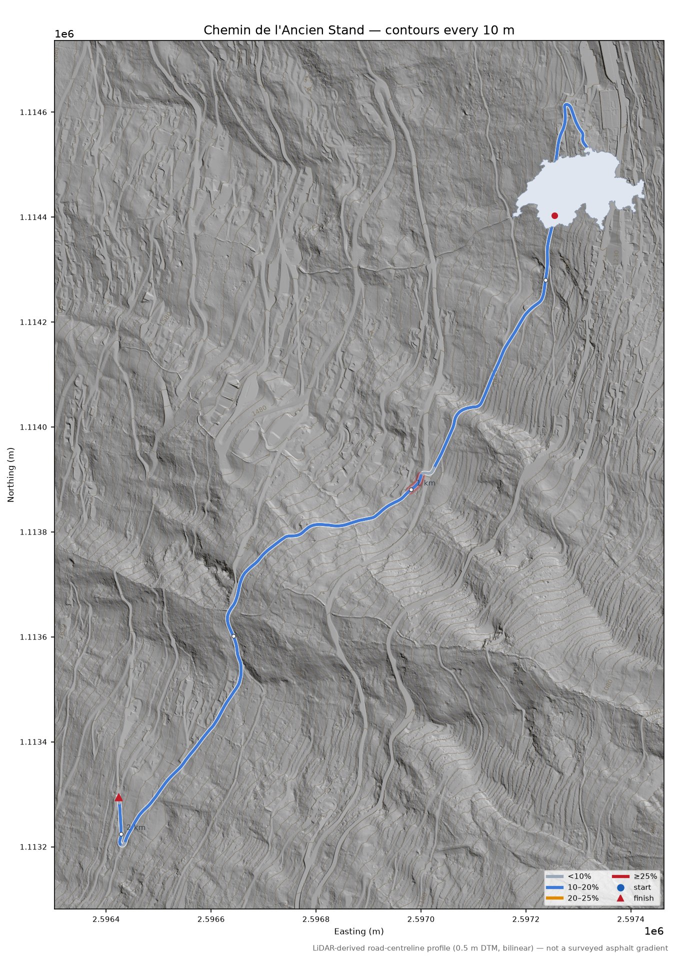 Chemin de l'Ancien Stand LiDAR hillshade map with contours