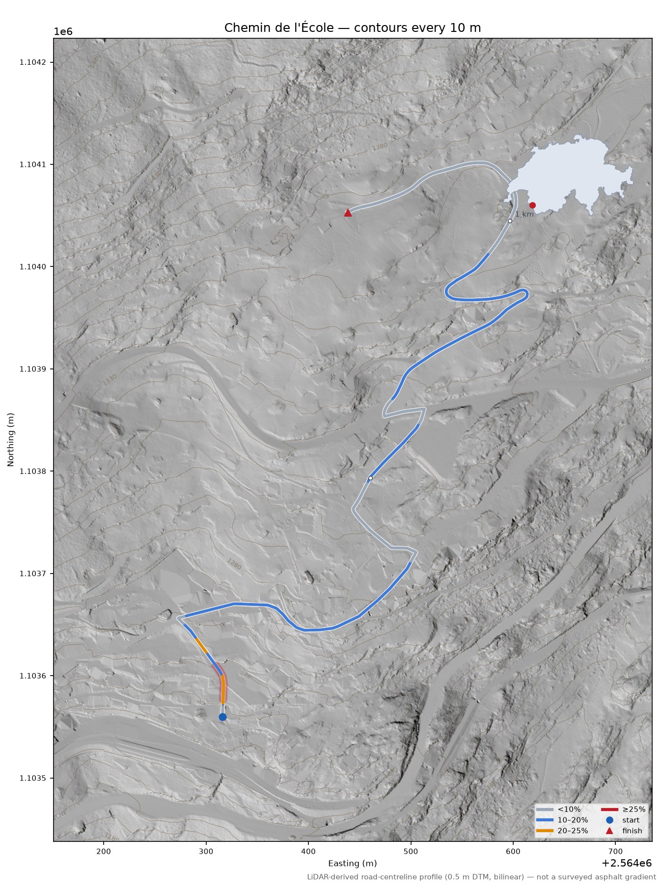 Chemin de l'École LiDAR hillshade map with contours