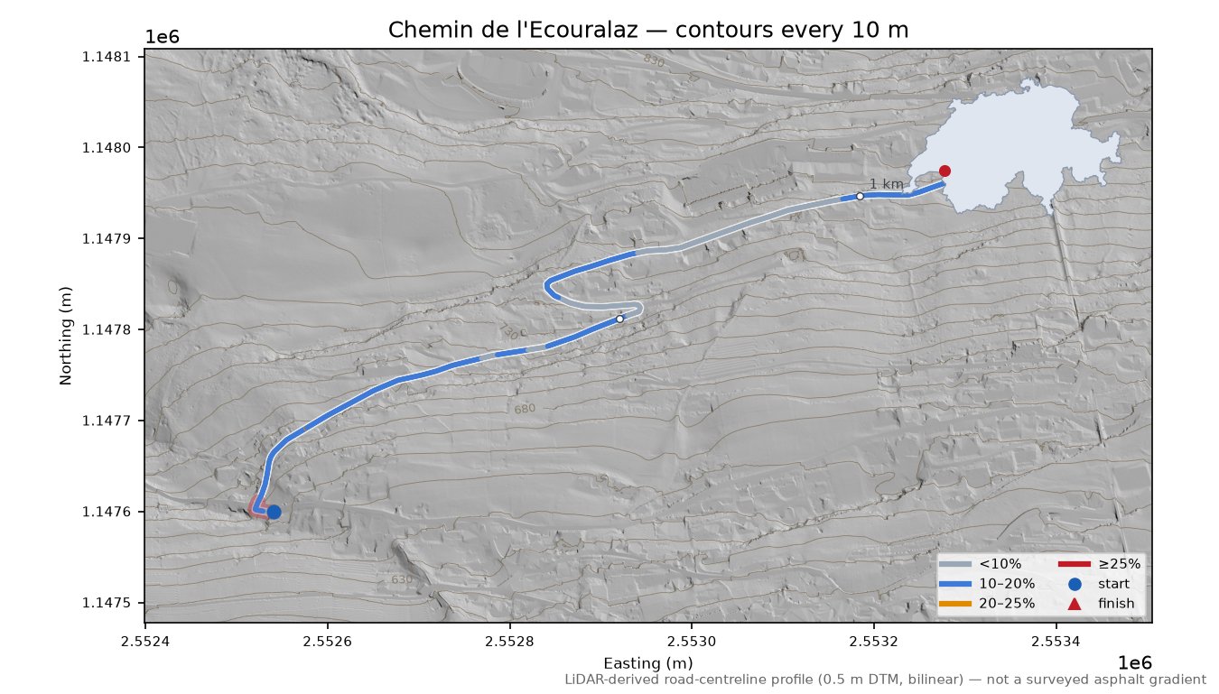 Chemin de l'Ecouralaz LiDAR hillshade map with contours