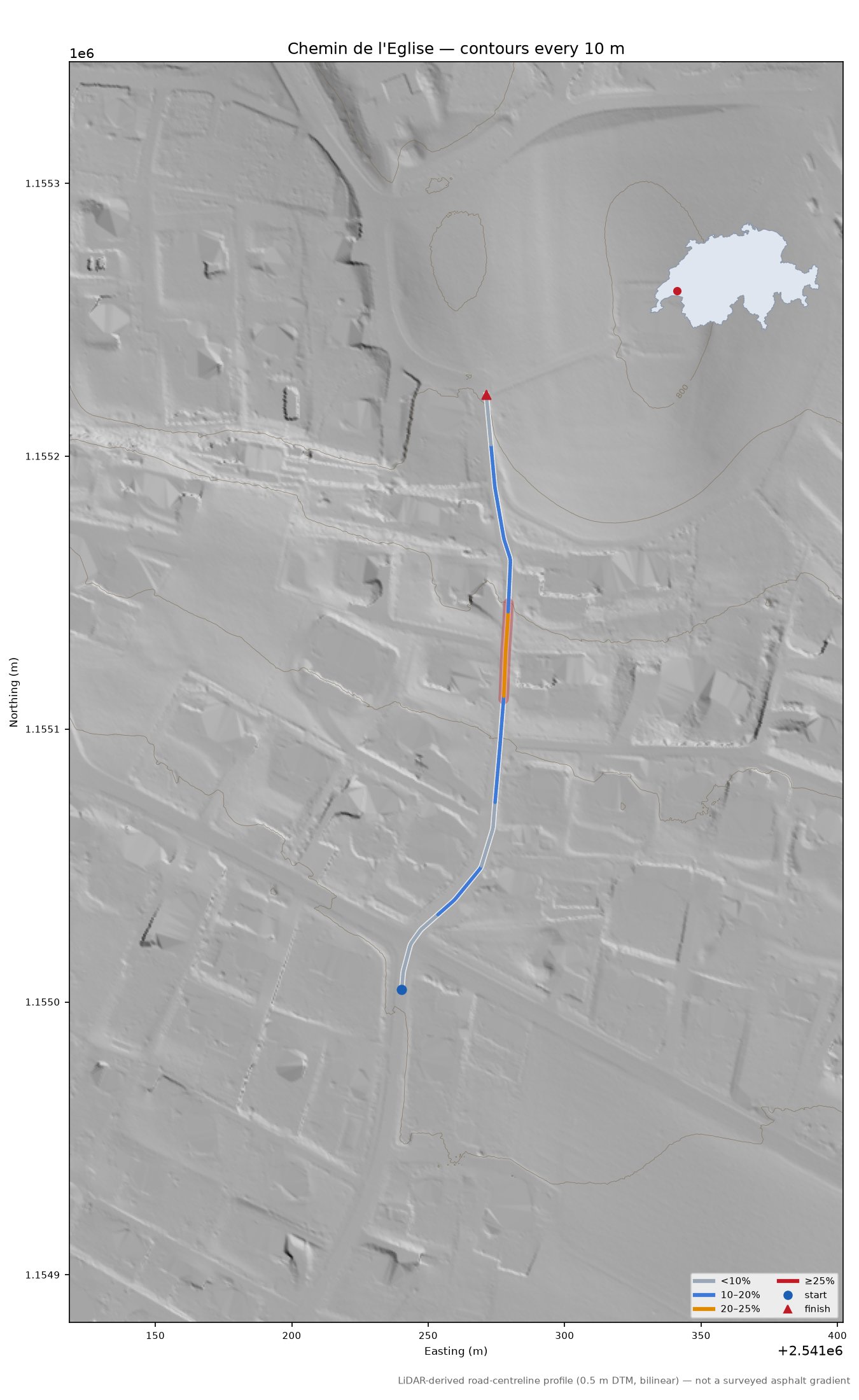 Chemin de l'Eglise LiDAR hillshade map with contours