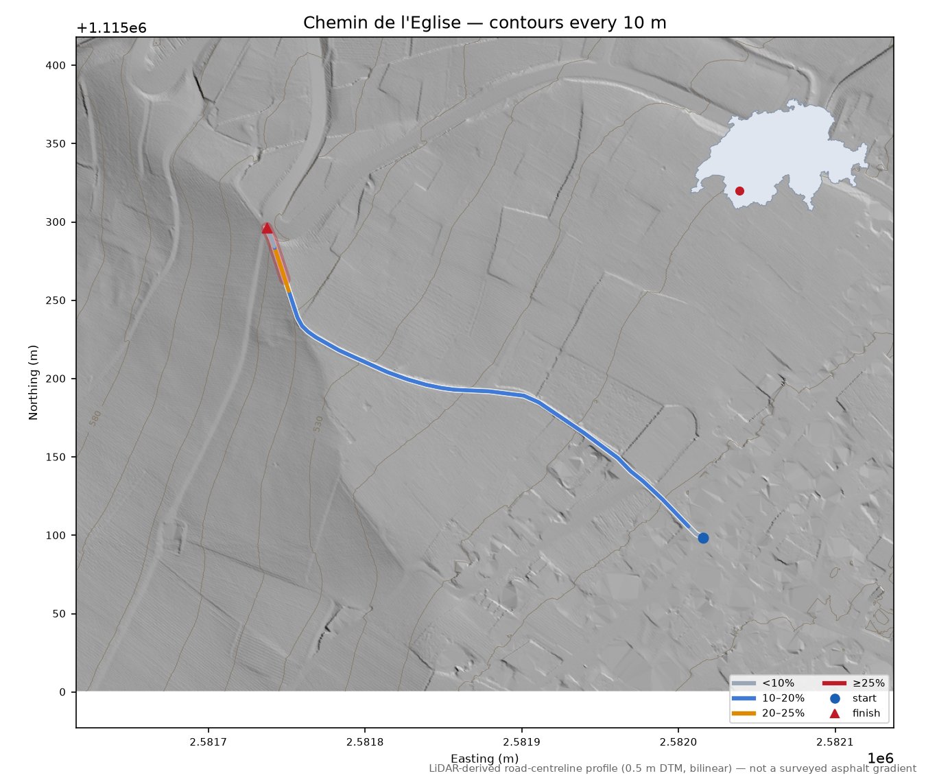 Chemin de l'Eglise LiDAR hillshade map with contours