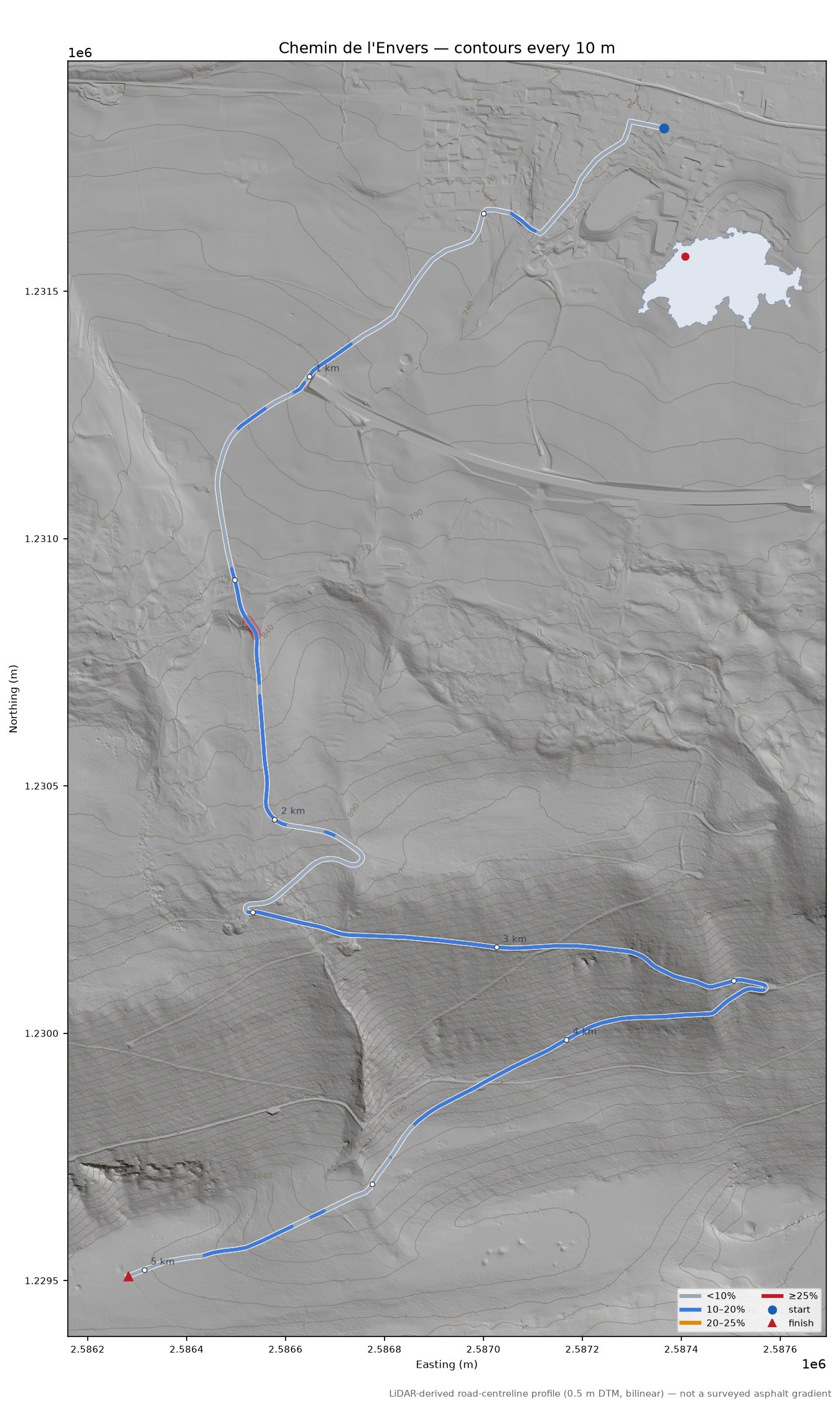 Chemin de l'Envers LiDAR hillshade map with contours