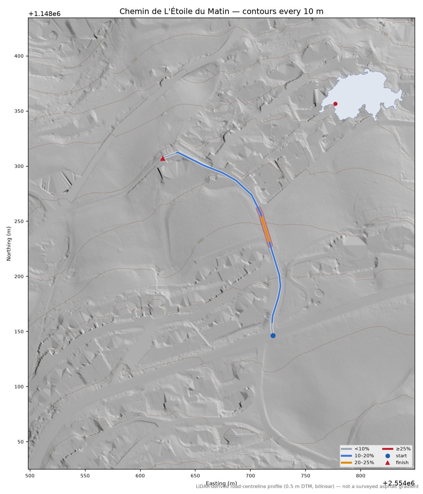 Chemin de L'Étoile du Matin LiDAR hillshade map with contours