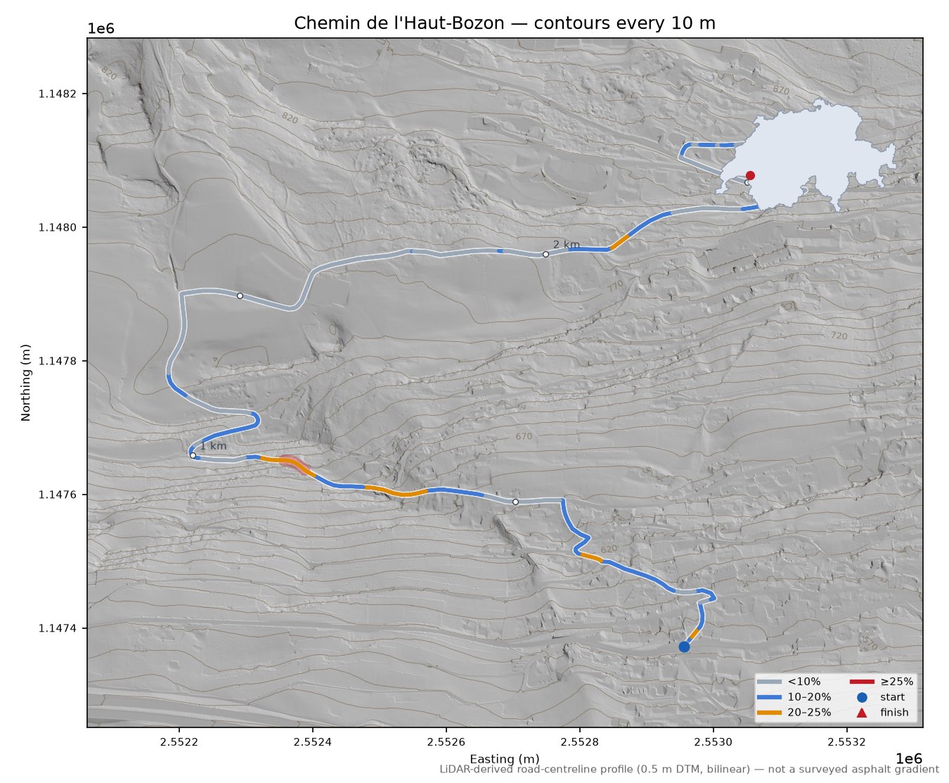Chemin de l'Haut-Bozon LiDAR hillshade map with contours
