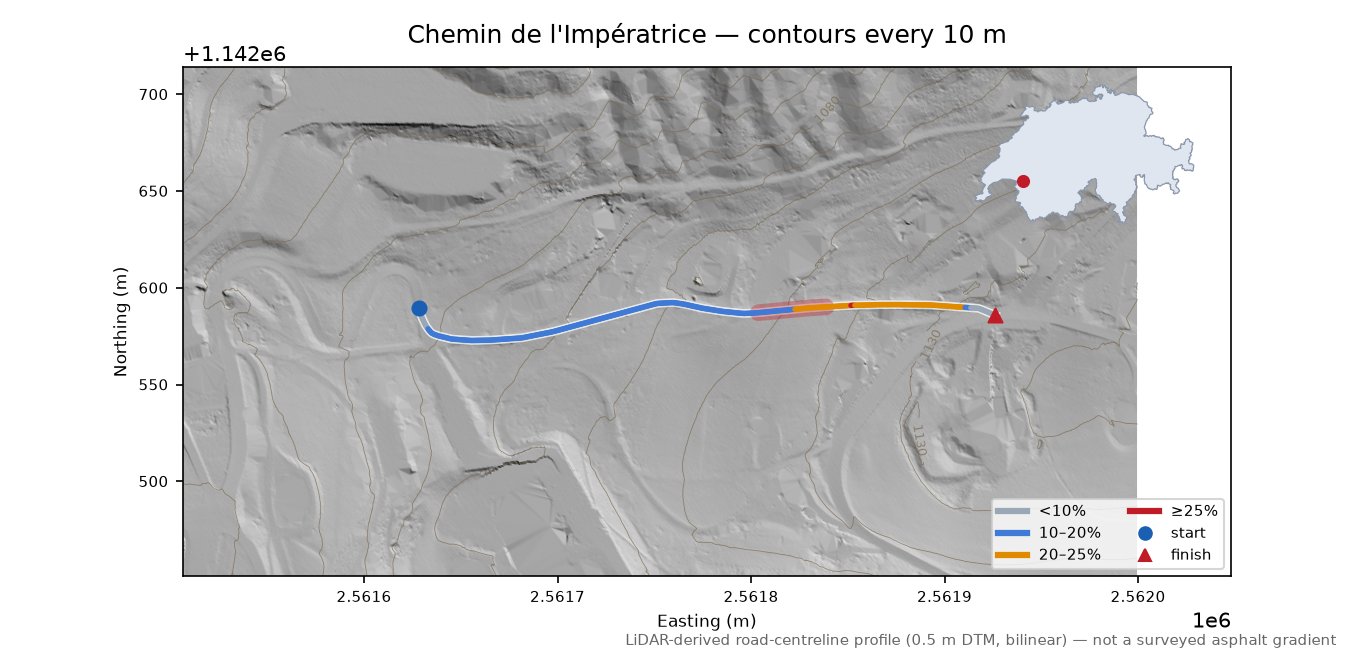 Chemin de l'Impératrice LiDAR hillshade map with contours