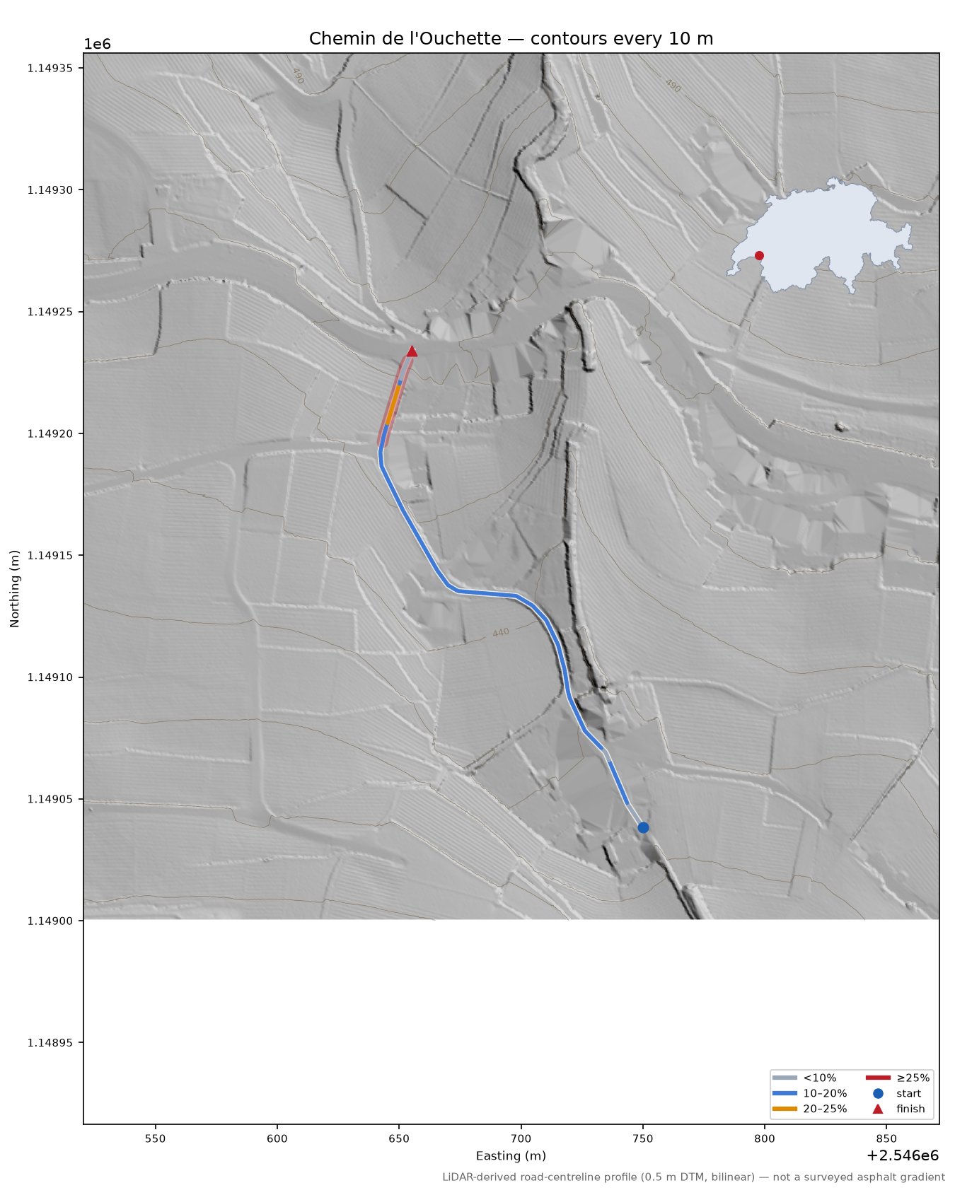 Chemin de l'Ouchette LiDAR hillshade map with contours