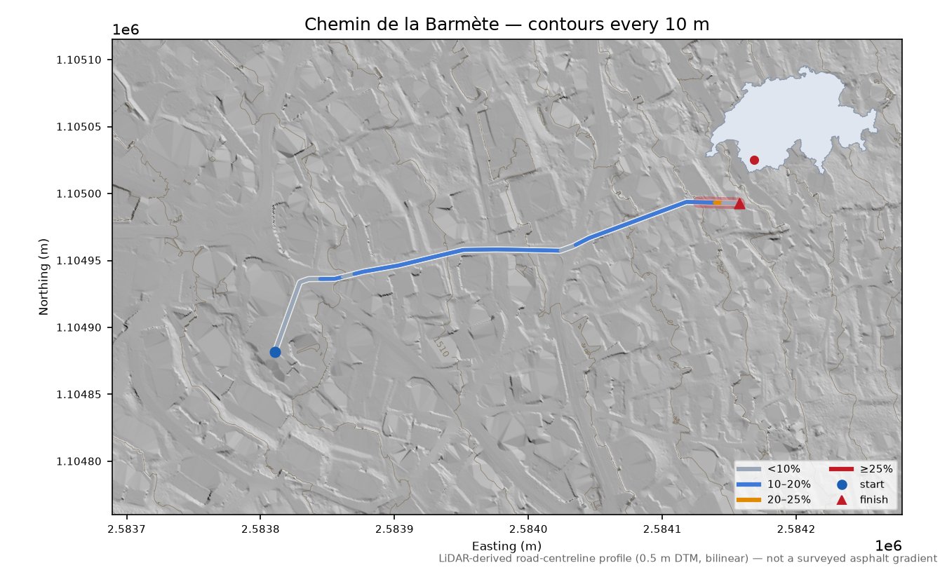Chemin de la Barmète LiDAR hillshade map with contours