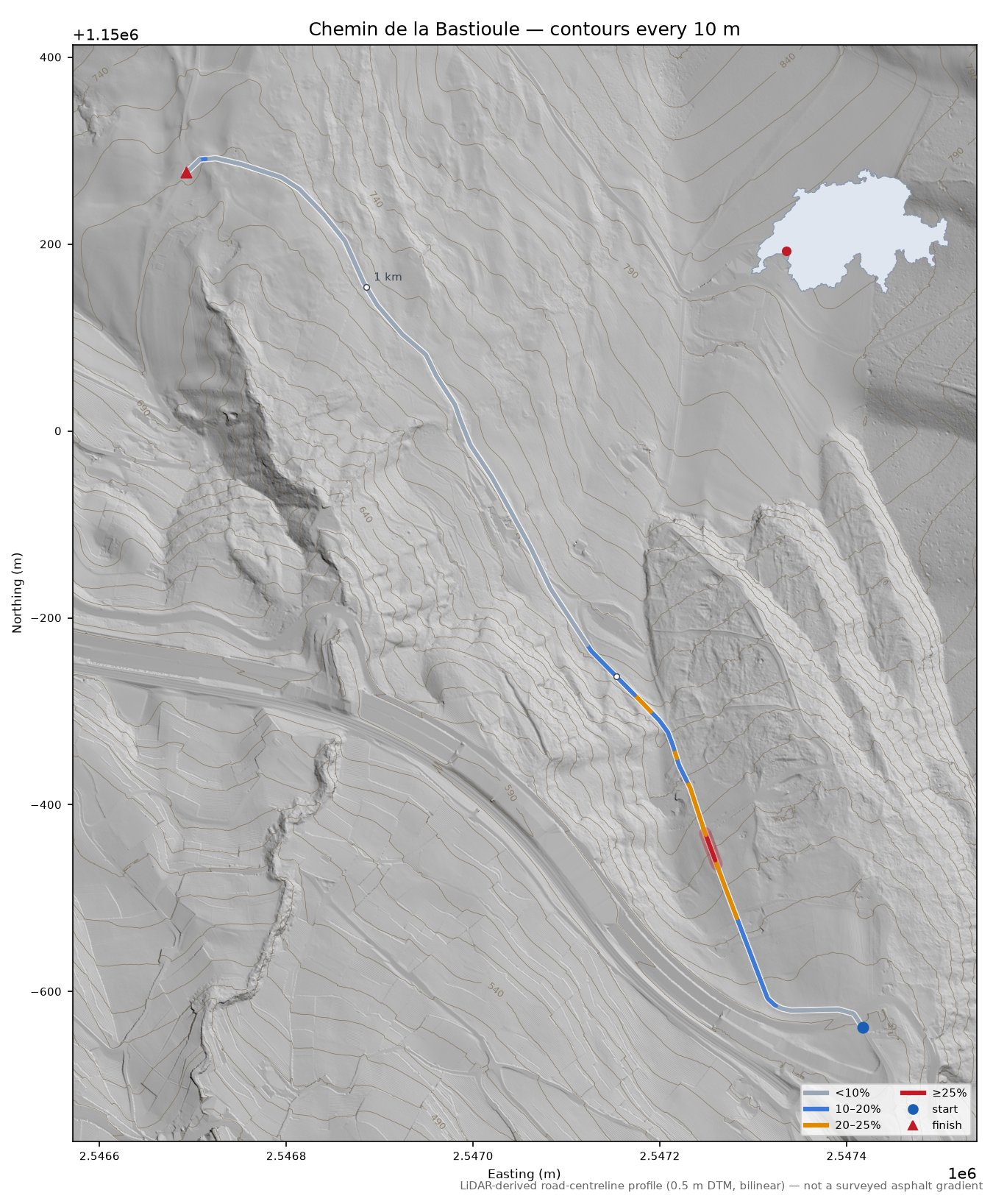 Chemin de la Bastioule LiDAR hillshade map with contours