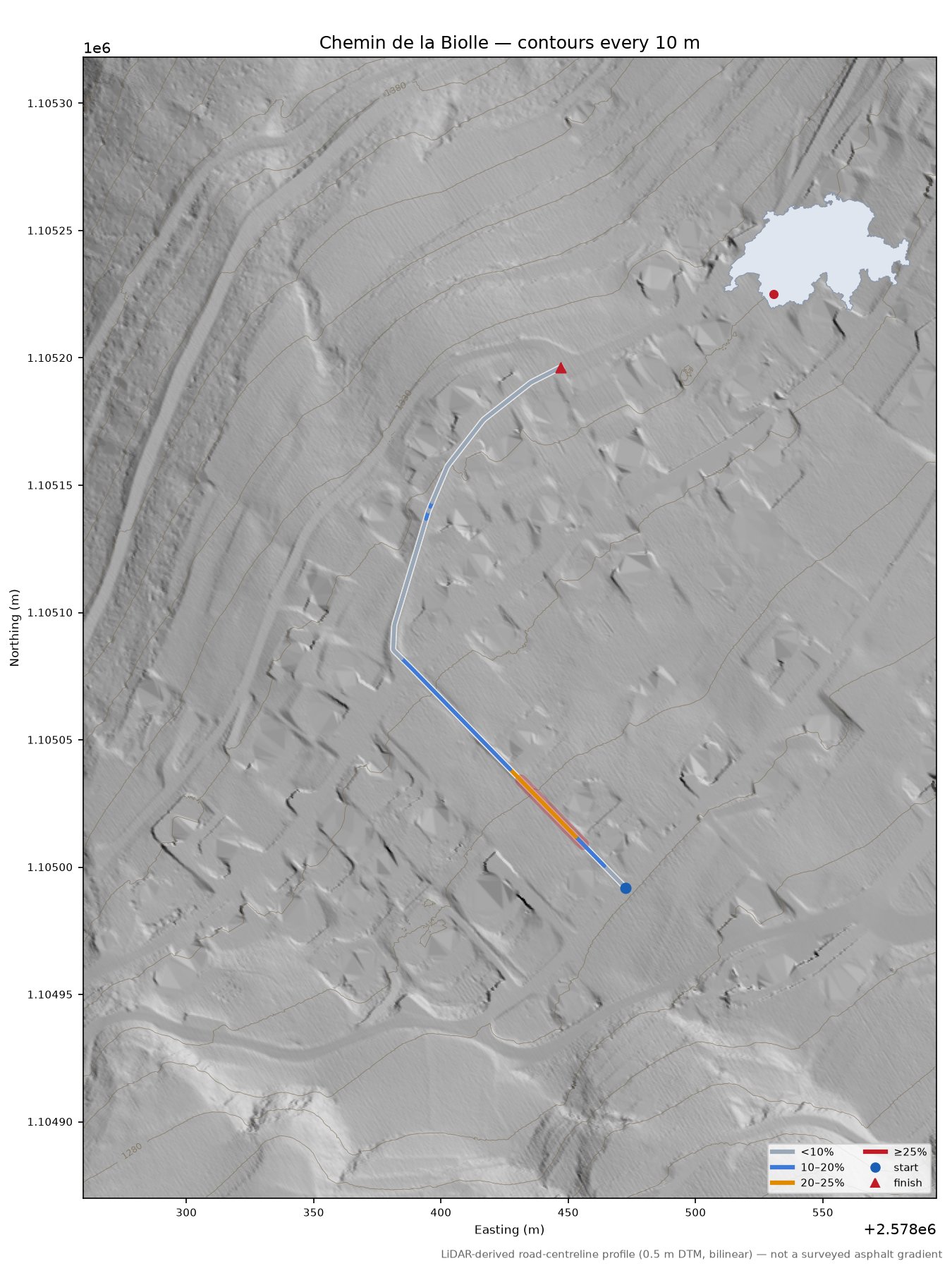 Chemin de la Biolle LiDAR hillshade map with contours