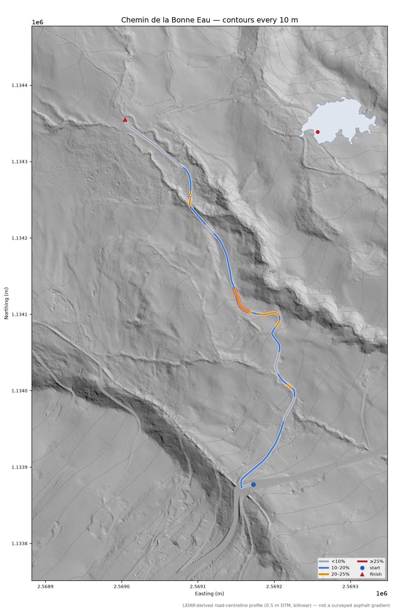 Chemin de la Bonne Eau LiDAR hillshade map with contours