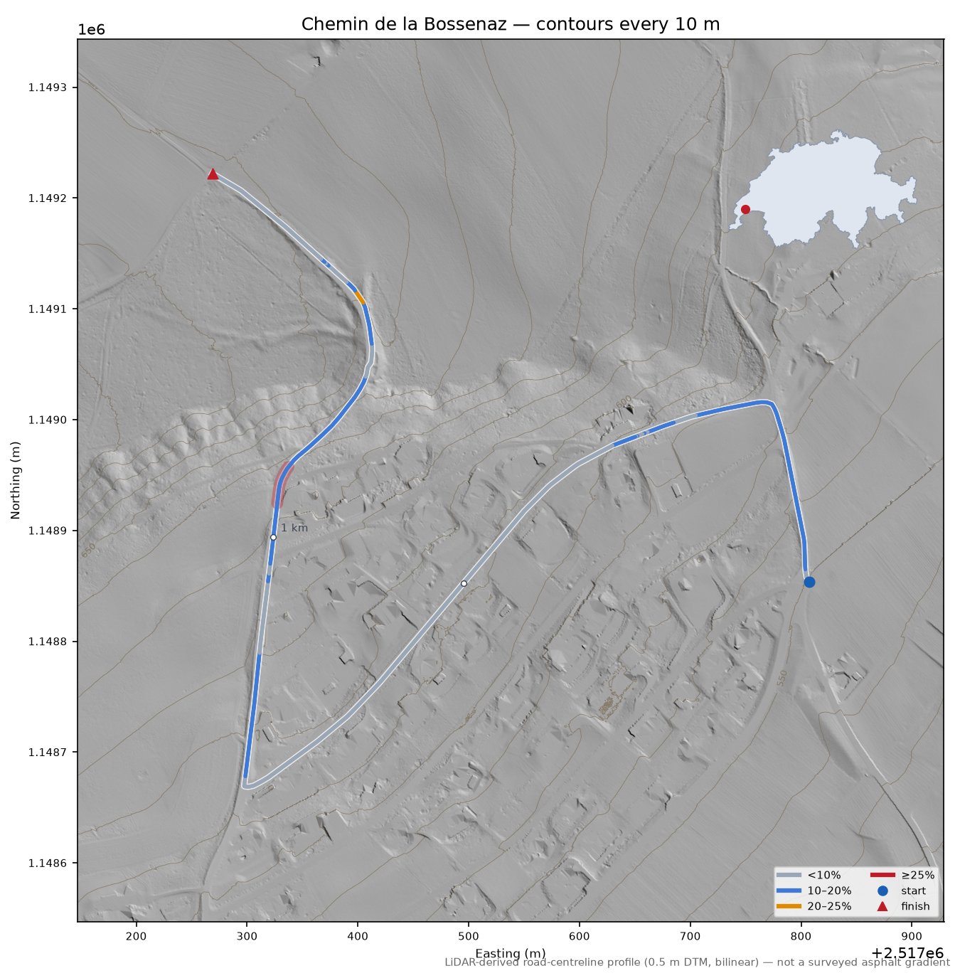Chemin de la Bossenaz LiDAR hillshade map with contours