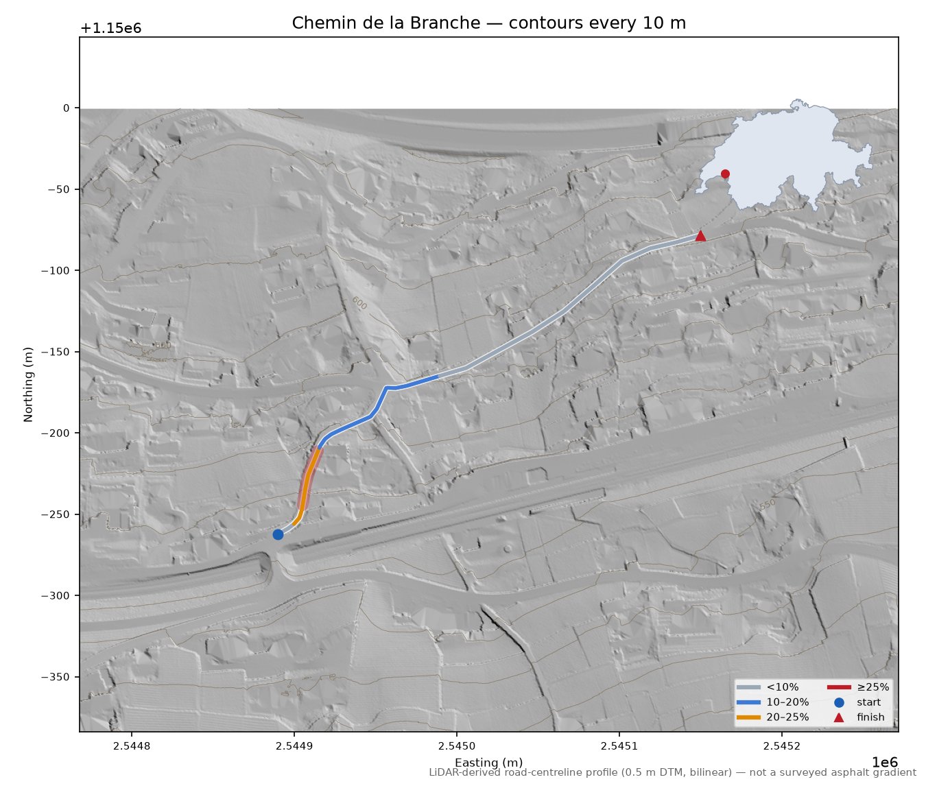Chemin de la Branche LiDAR hillshade map with contours