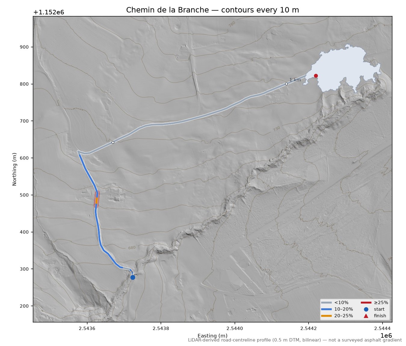 Chemin de la Branche LiDAR hillshade map with contours