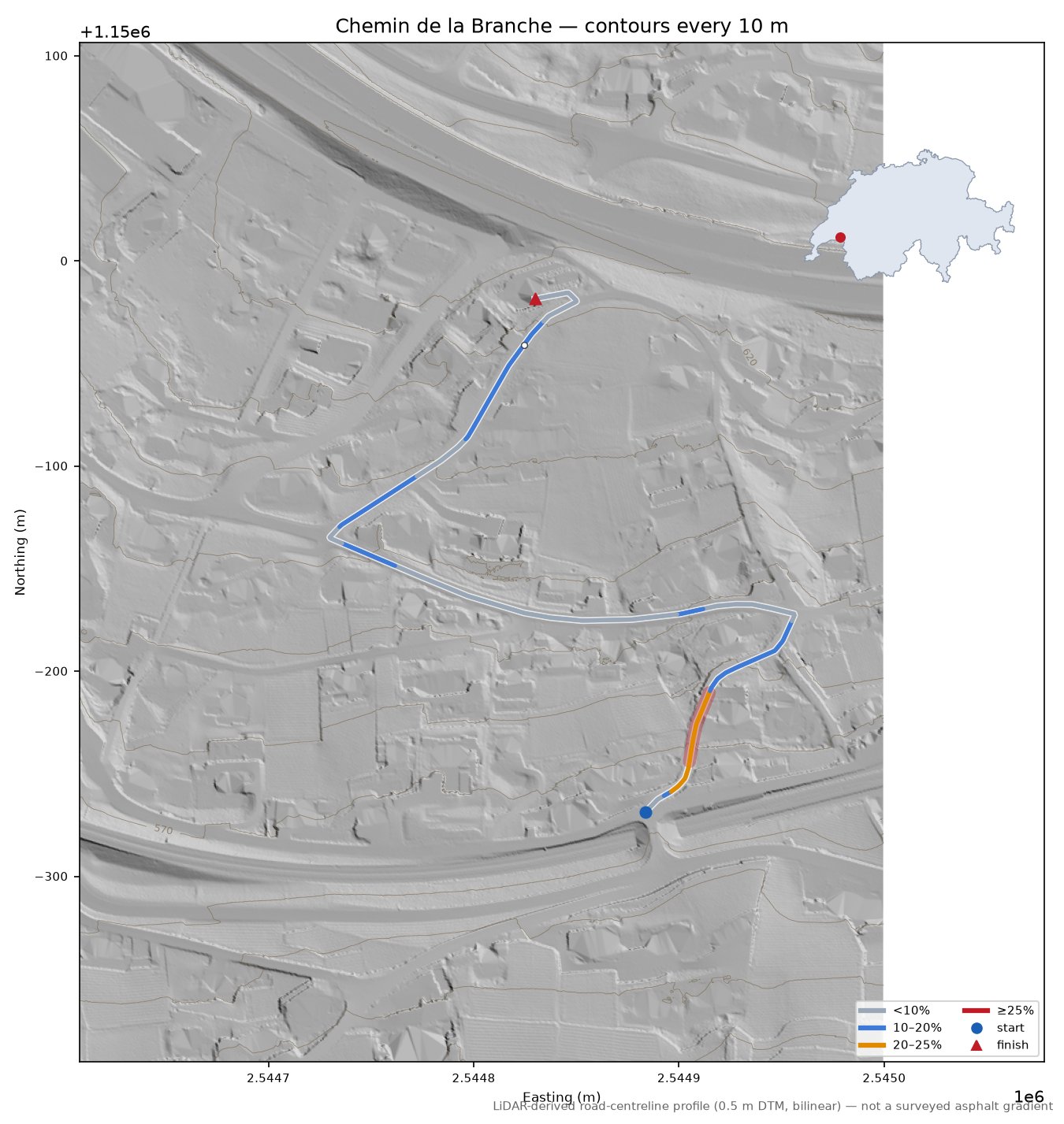 Chemin de la Branche LiDAR hillshade map with contours