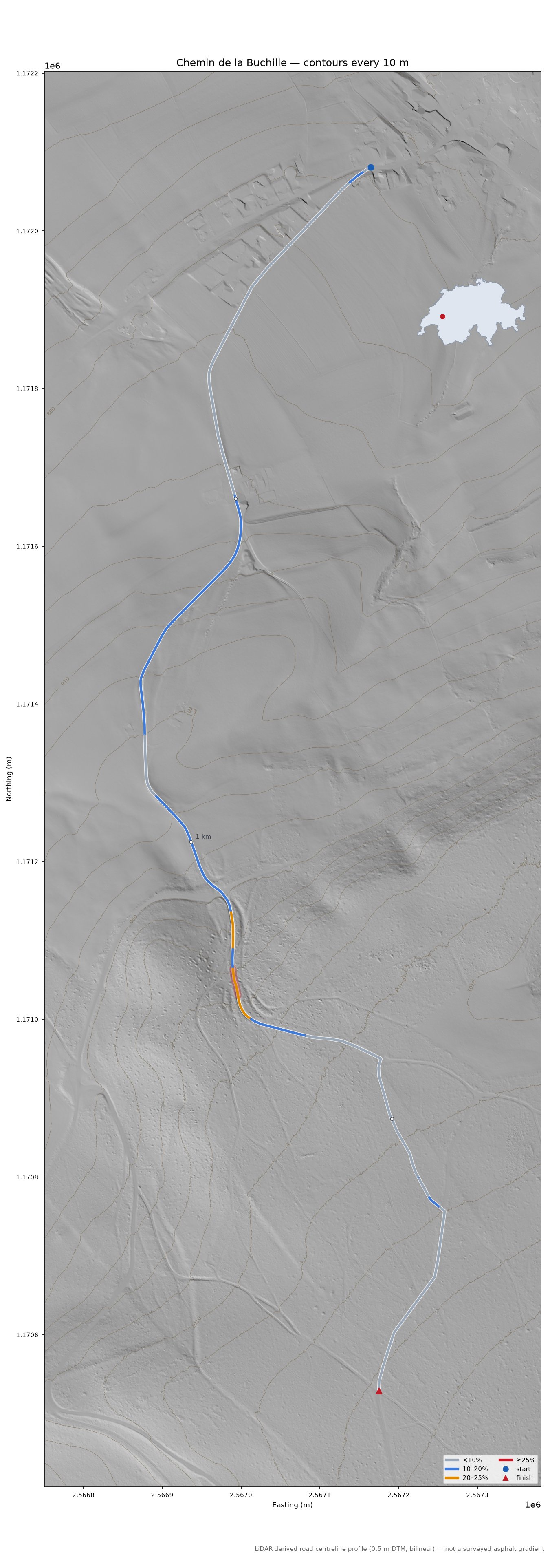 Chemin de la Buchille LiDAR hillshade map with contours