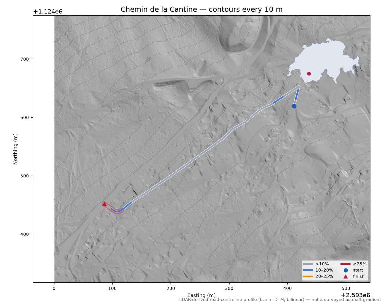 Chemin de la Cantine LiDAR hillshade map with contours