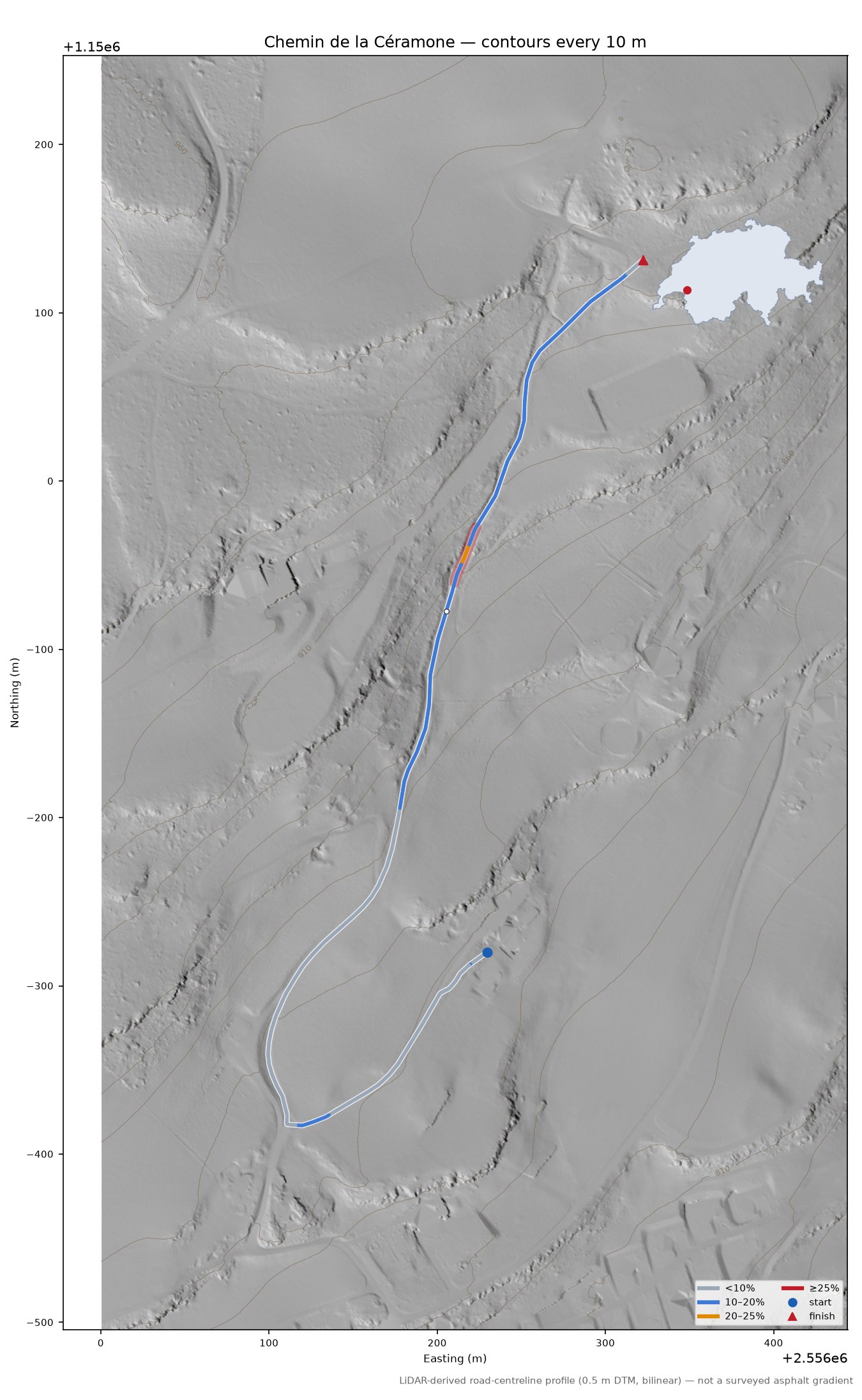 Chemin de la Céramone LiDAR hillshade map with contours