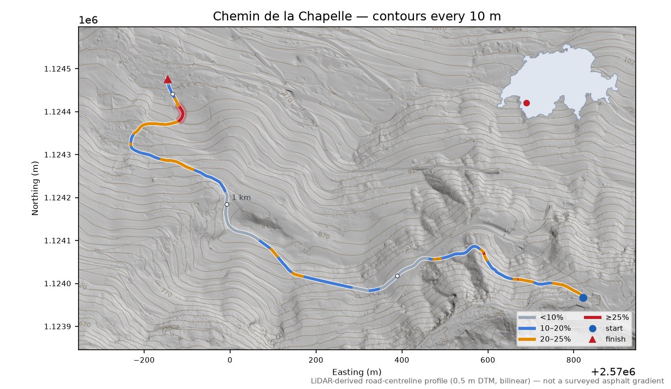 Chemin de la Chapelle LiDAR hillshade map with contours