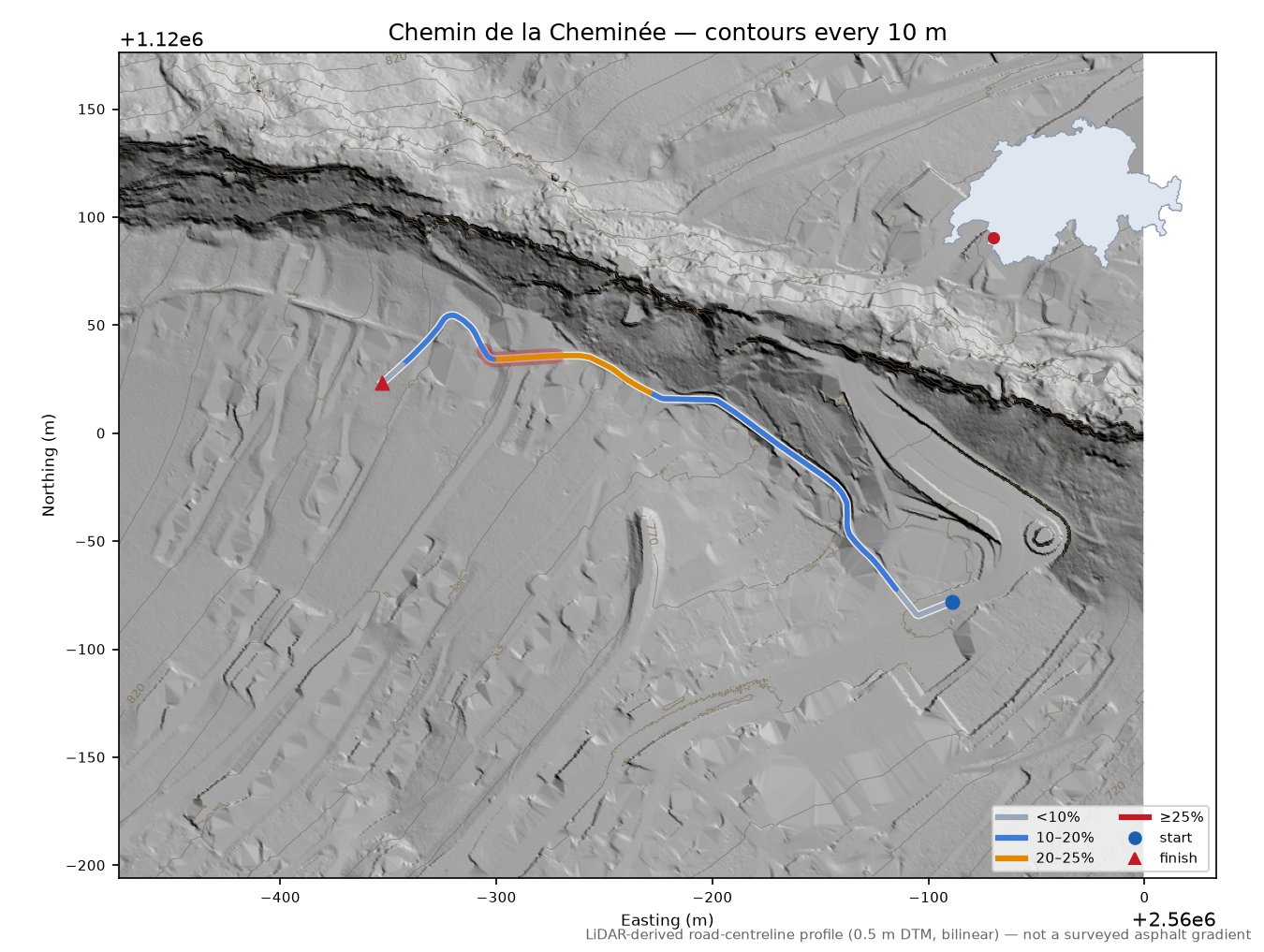 Chemin de la Cheminée LiDAR hillshade map with contours