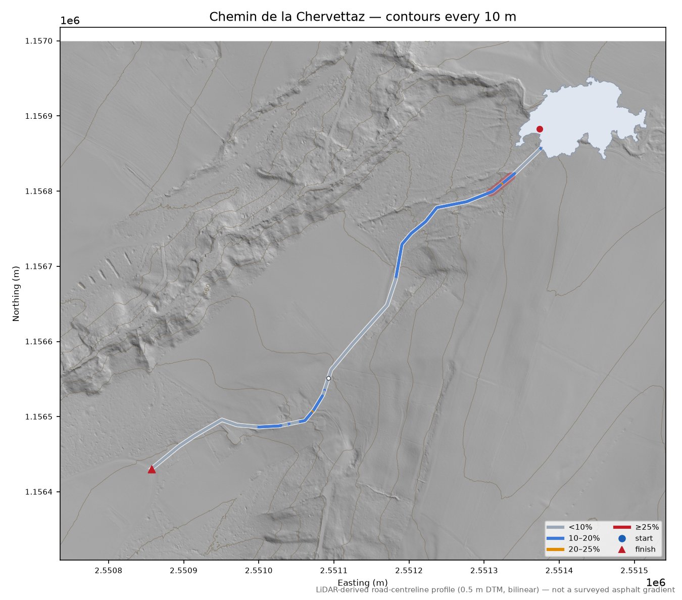Chemin de la Chervettaz LiDAR hillshade map with contours
