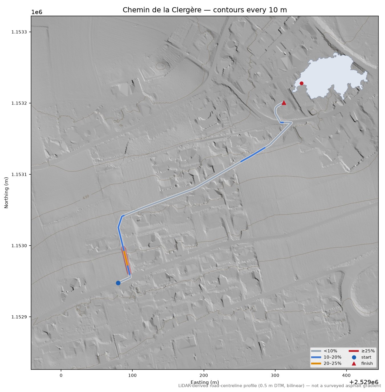 Chemin de la Clergère LiDAR hillshade map with contours