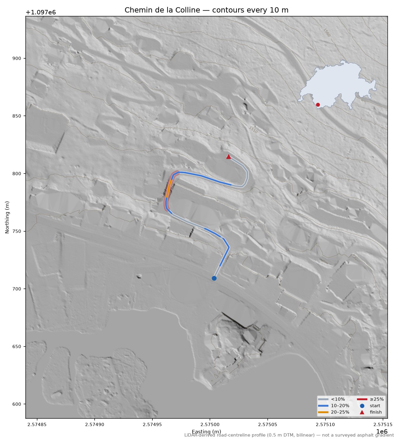 Chemin de la Colline LiDAR hillshade map with contours