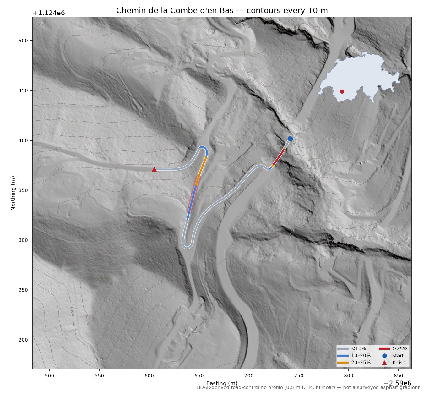 Chemin de la Combe d'en Bas LiDAR hillshade map with contours