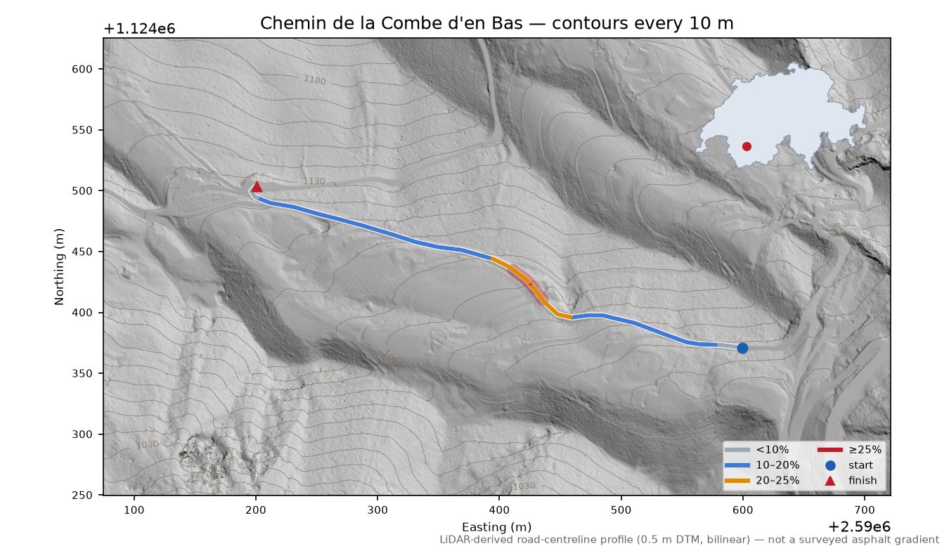 Chemin de la Combe d'en Bas LiDAR hillshade map with contours