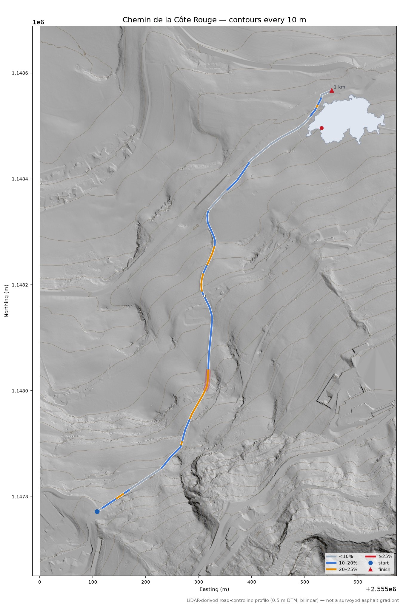 Chemin de la Côte Rouge LiDAR hillshade map with contours