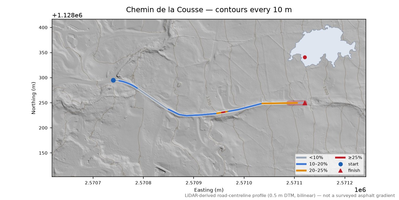 Chemin de la Cousse LiDAR hillshade map with contours