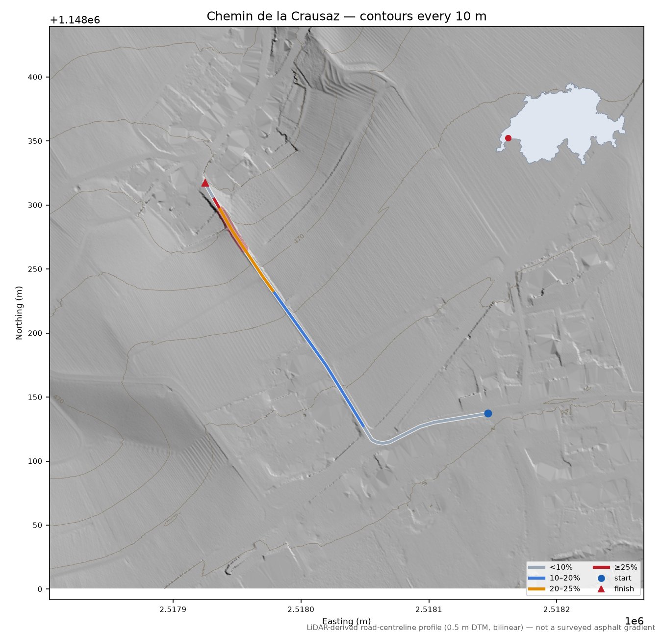 Chemin de la Crausaz LiDAR hillshade map with contours