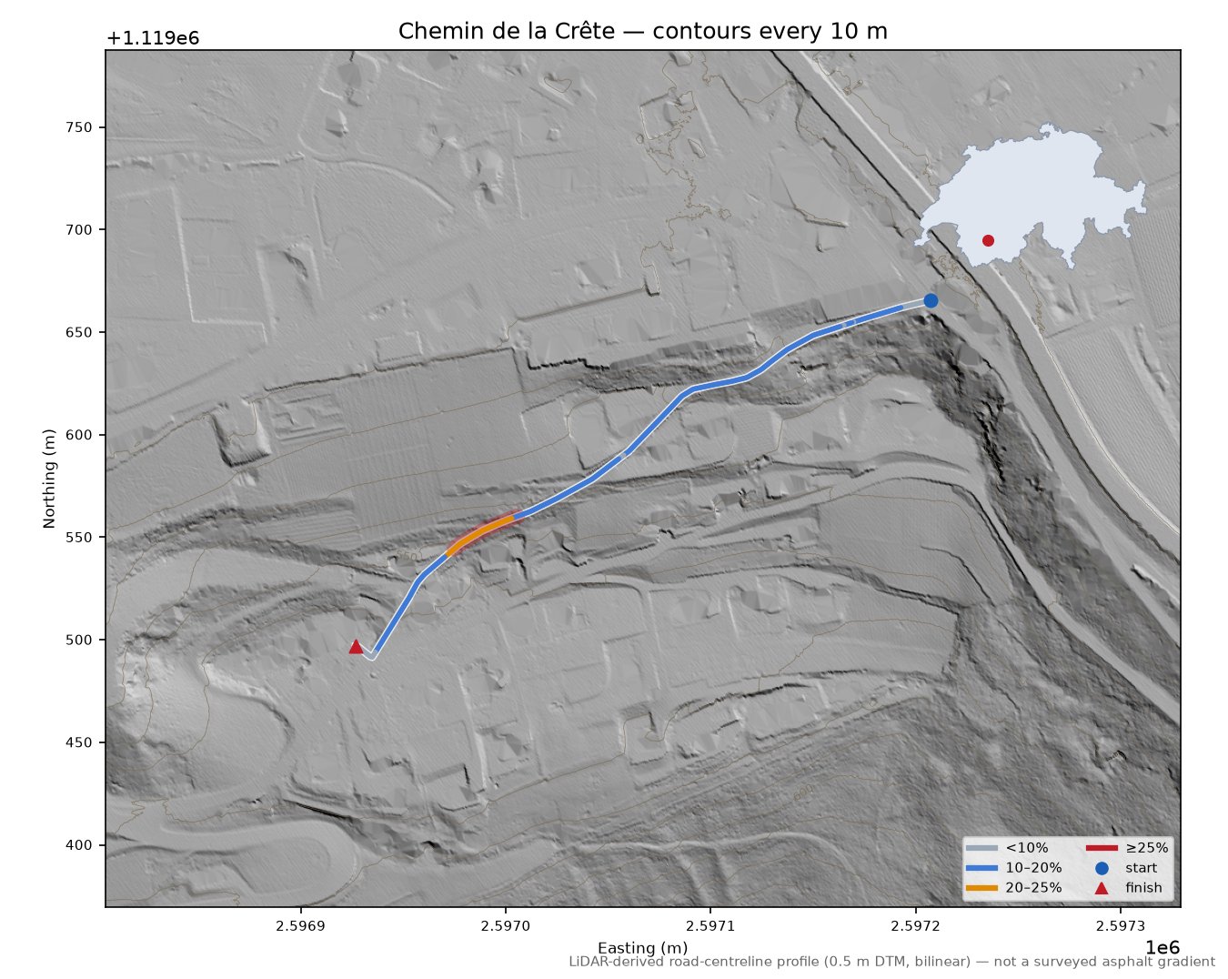 Chemin de la Crête LiDAR hillshade map with contours