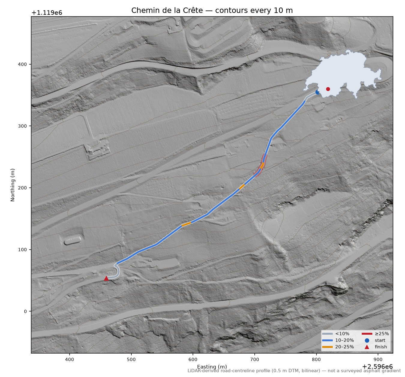 Chemin de la Crête LiDAR hillshade map with contours
