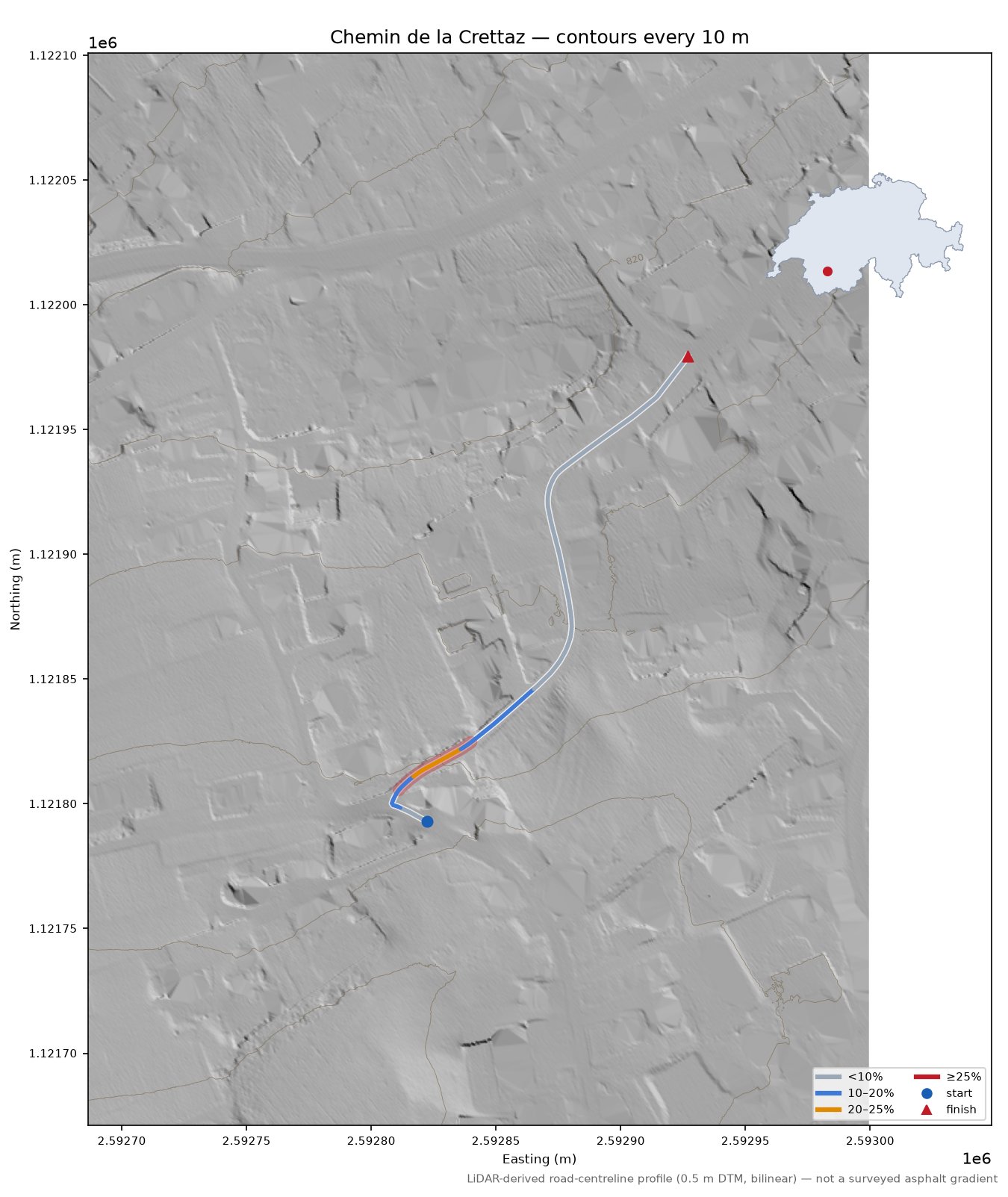 Chemin de la Crettaz LiDAR hillshade map with contours